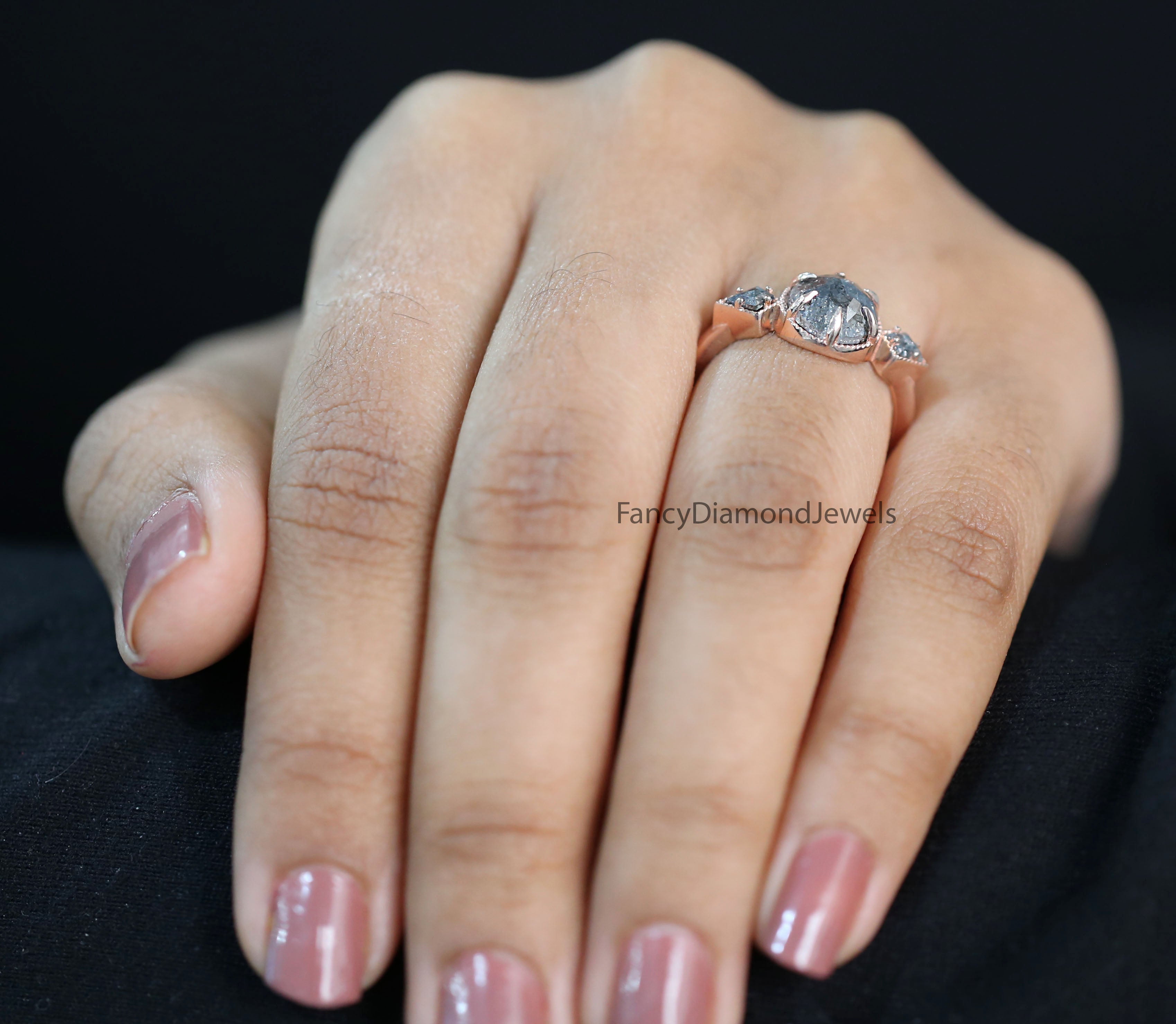 2.21 Ct Natural Round Rose Cut Salt And Pepper Diamond Ring 8.00 MM Round Diamond Ring 14K Solid Rose Gold Silver Engagement Ring QL1093