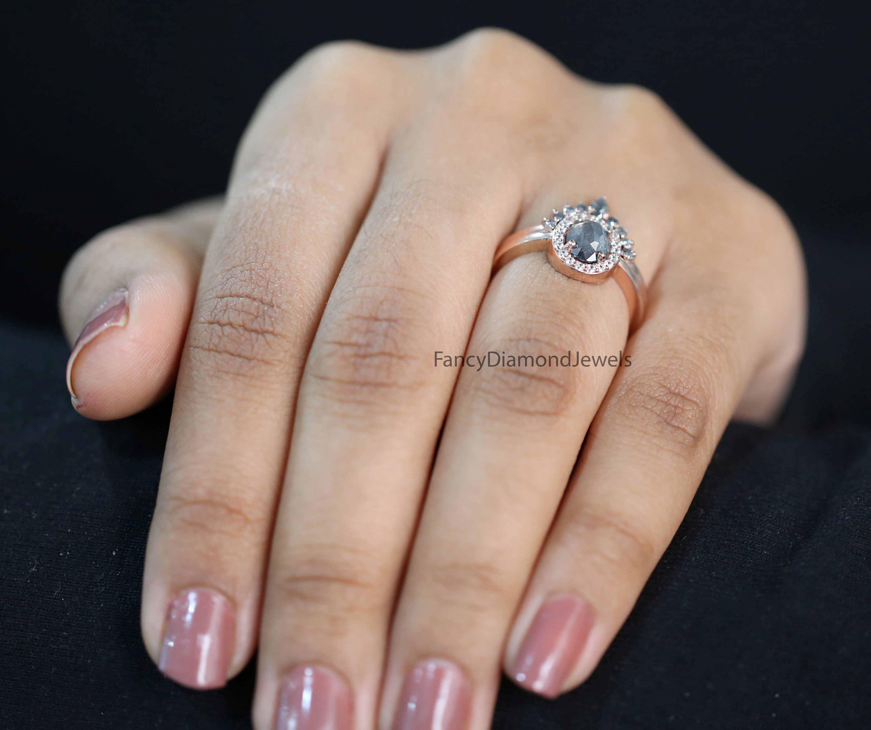 Oval Cut Salt And Pepper Diamond Ring 0.98 Ct 7.00 MM Oval Diamond Ring 14K Solid Rose Gold Silver Oval Engagement Ring Gift For Her QN1306