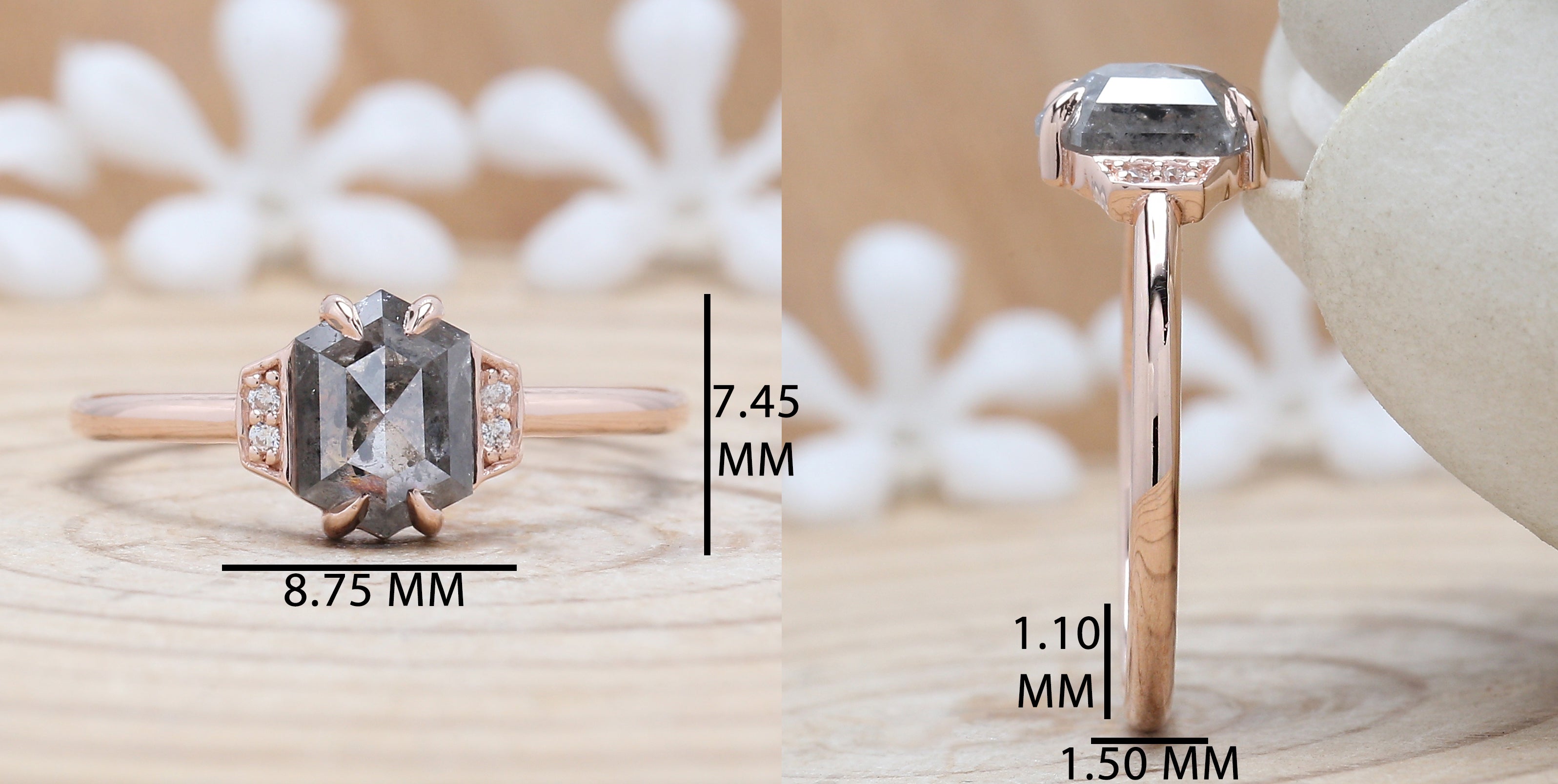 Hexagon Cut Salt And Pepper Diamond Ring 1.27 Ct 7.45 MM Hexagon Cut Diamond Ring 14K Rose Gold Silver Engagement Ring Gift For Her QN1321