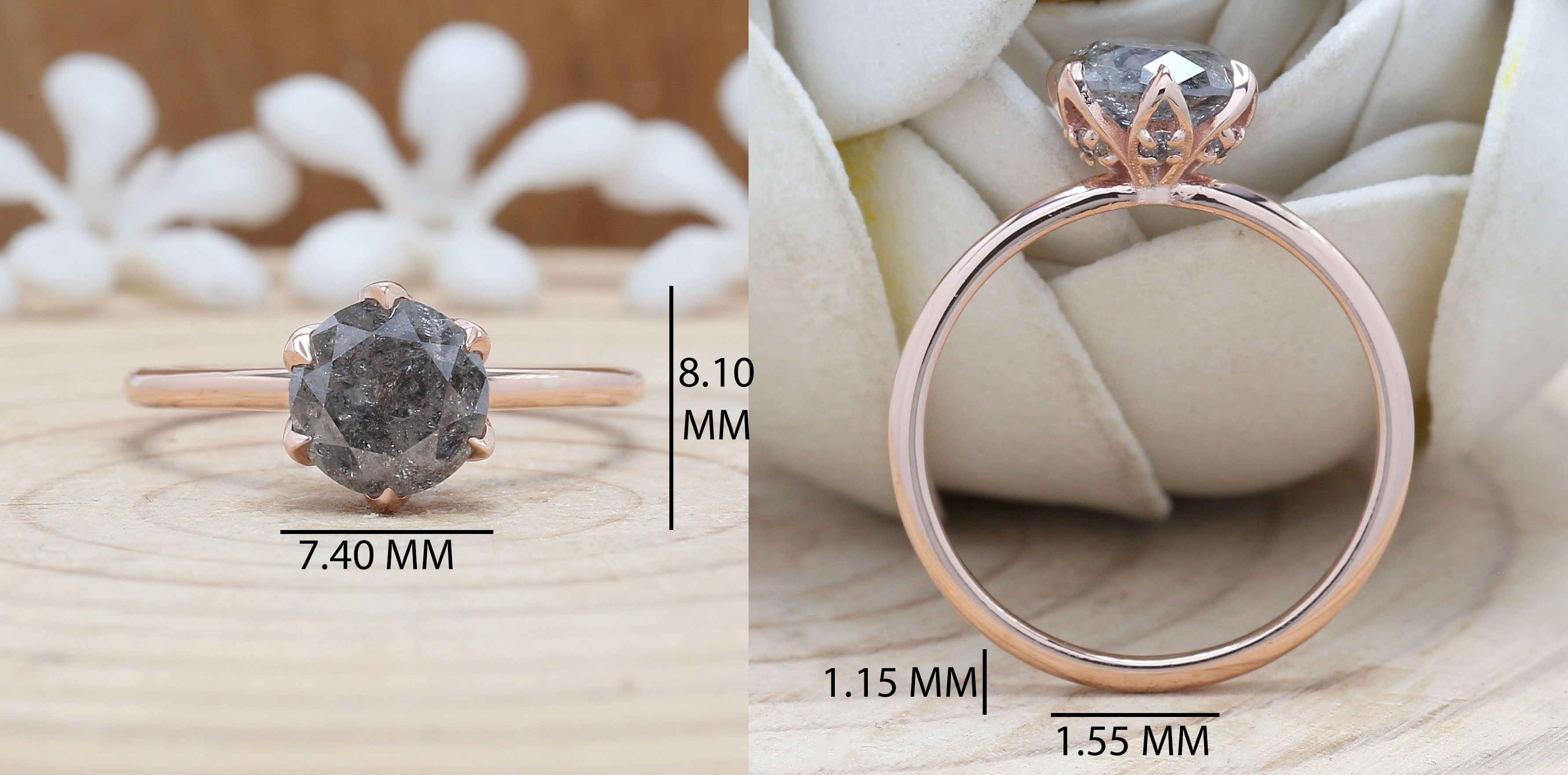 Round Cut Salt And Pepper Diamond Ring 1.48 Ct 7.05 MM Round Diamond Ring 14K Solid Rose Gold Silver Engagement Ring Gift For Her QL9231