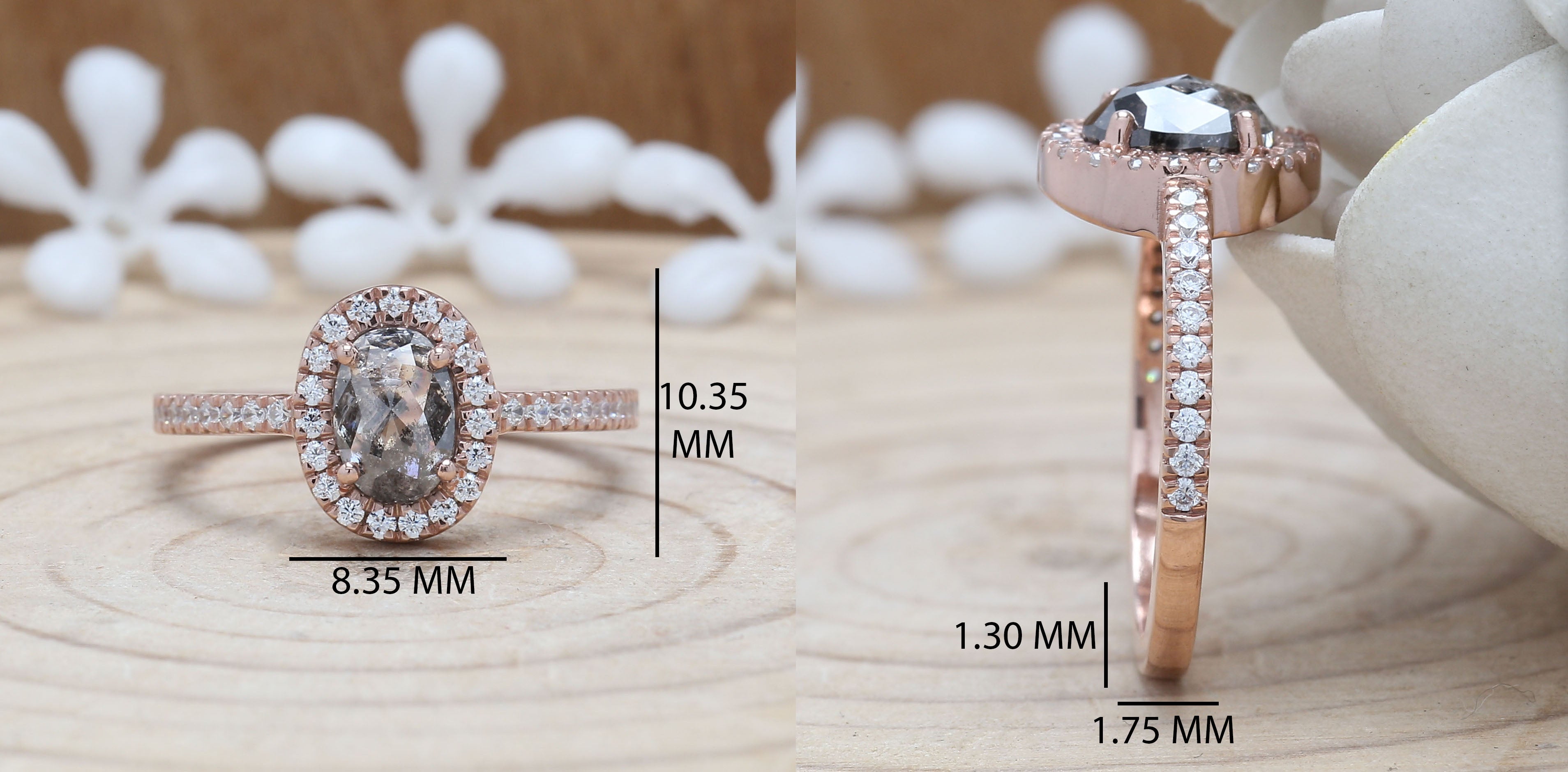 Oval Cut Salt And Pepper Diamond Ring 0.97 Ct 7.10 MM Oval Diamond Ring 14K Solid Rose Gold Silver Oval Engagement Ring Gift For Her QL9588