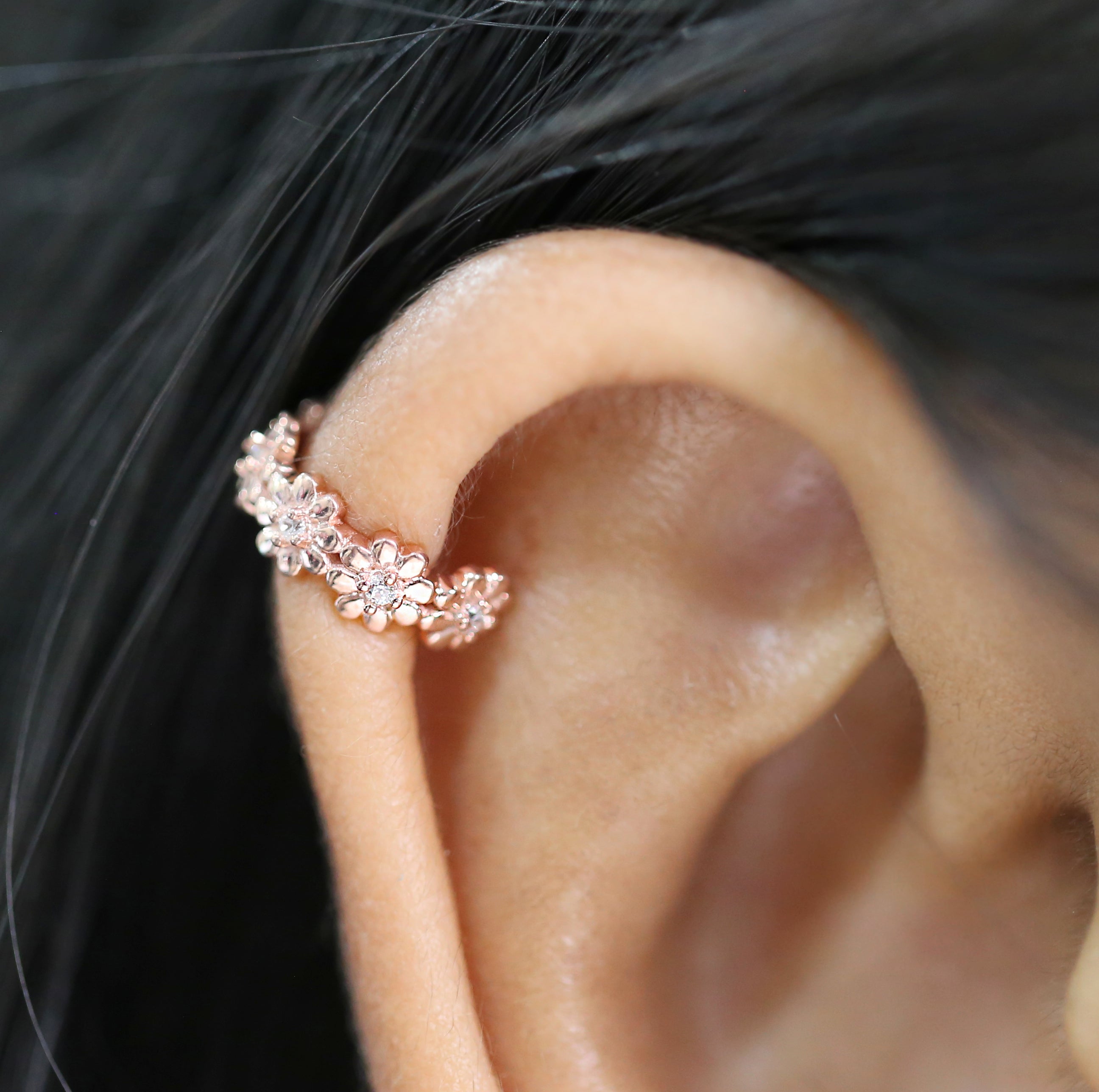 Natural Round White Diamond 14K Solid Rose White Yellow Gold Ear Cuff Ring Engagement Wedding Gift Flower Cuff KD1069