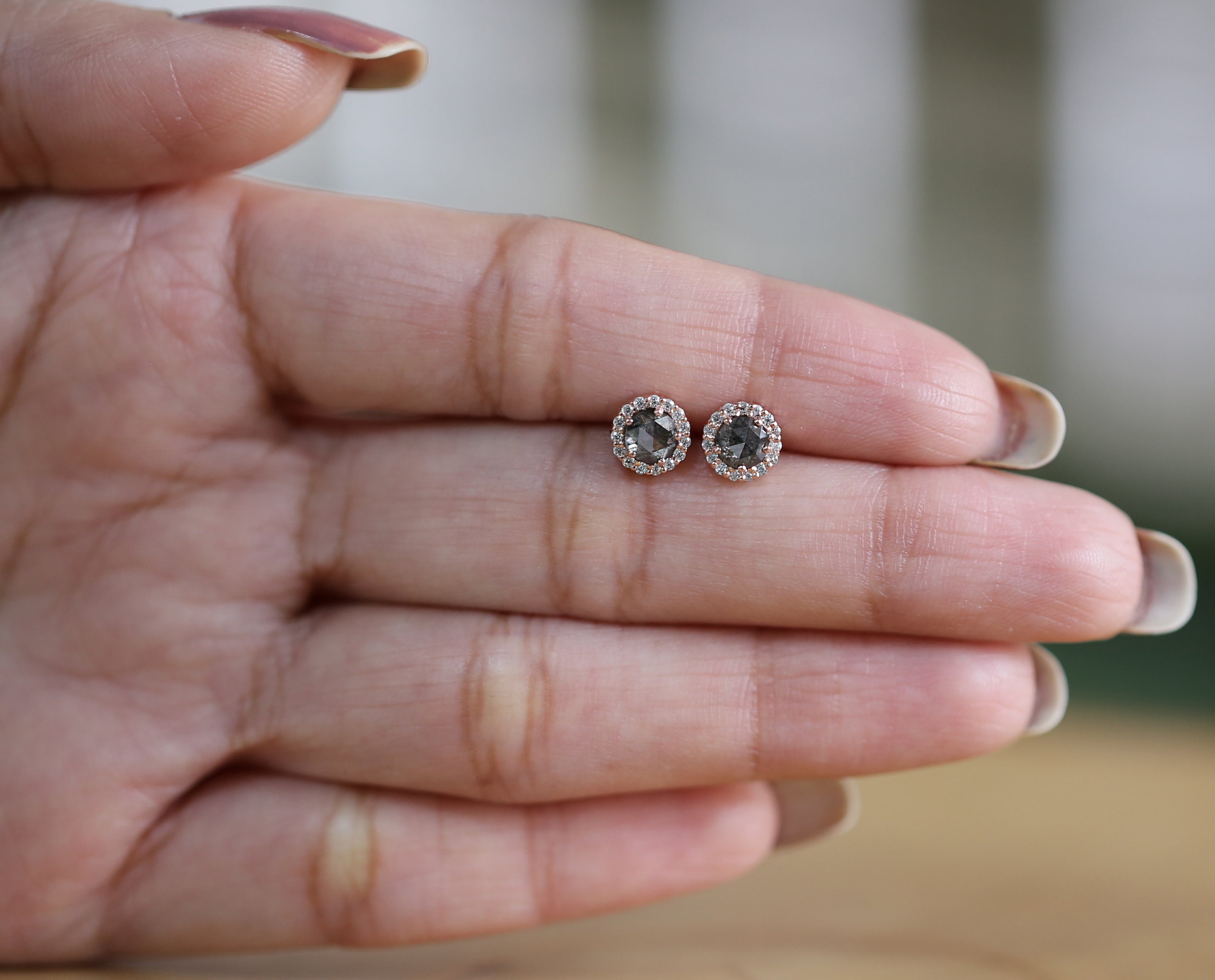Round Rose Cut Salt And Pepper Diamond Earring 0.78 Ct 4.30 MM Round Diamond Earring 14K Solid Rose Gold Silver Engagement Earring QN1791