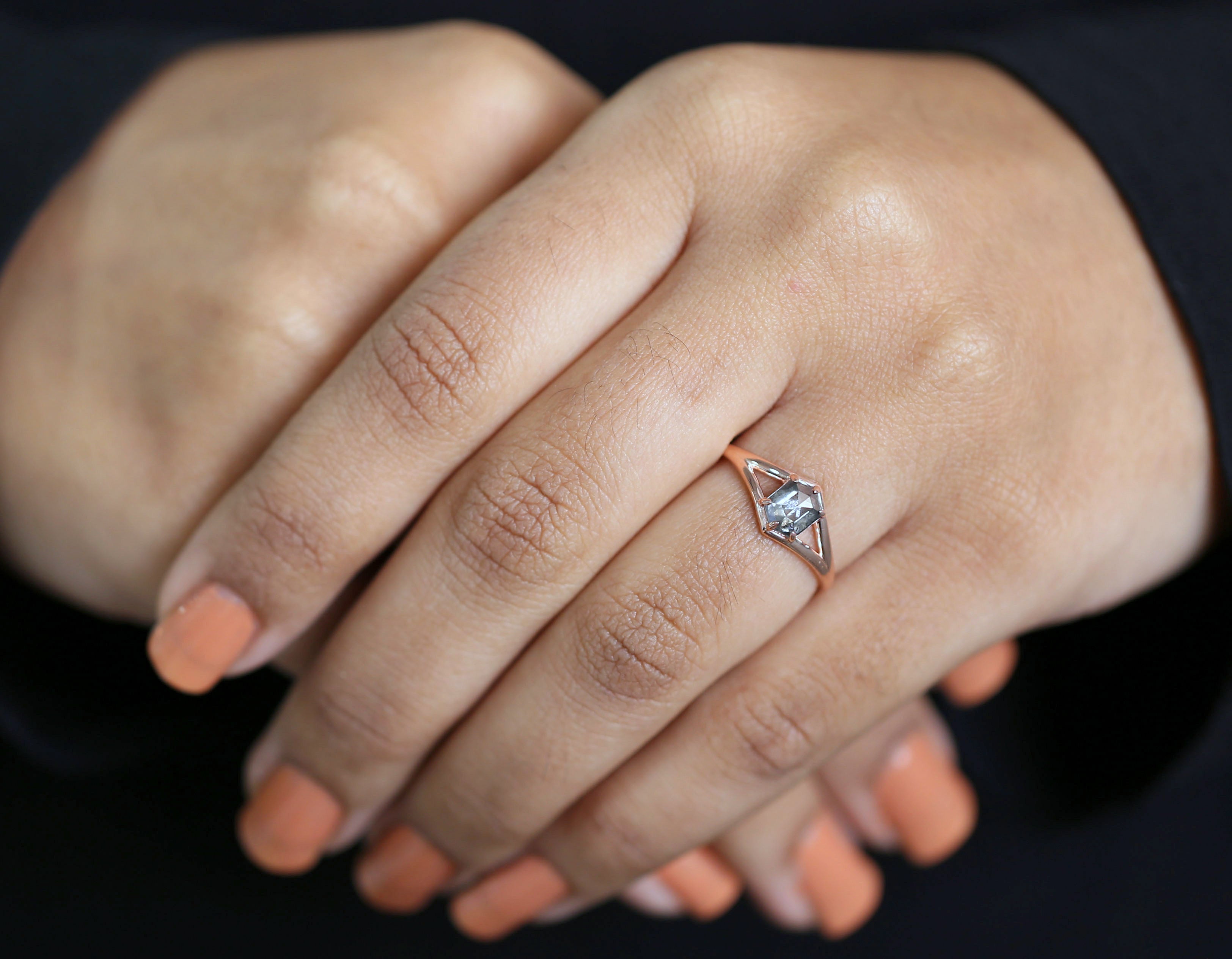 Hexagon Cut Salt And Pepper Diamond Ring 0.78 Ct 6.30 MM Hexagon Cut Diamond Ring 14K Rose Gold Silver Engagement Ring Gift For Her QL1403