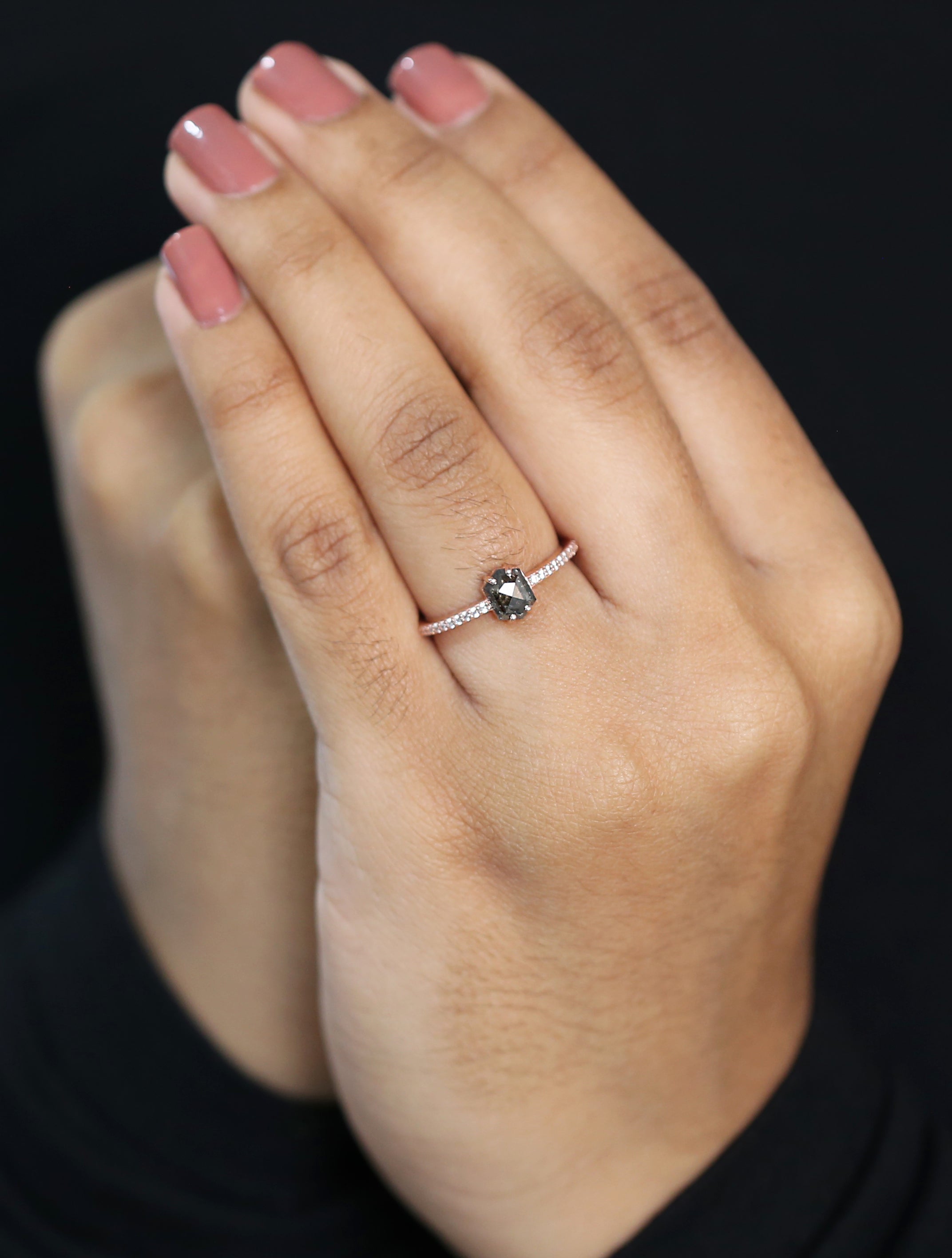 Hexagon Cut Salt And Pepper Diamond Ring 0.65 Ct 6.30 MM Hexagon Cut Diamond Ring 14K Rose Gold Silver Engagement Ring Gift For Her QK2330
