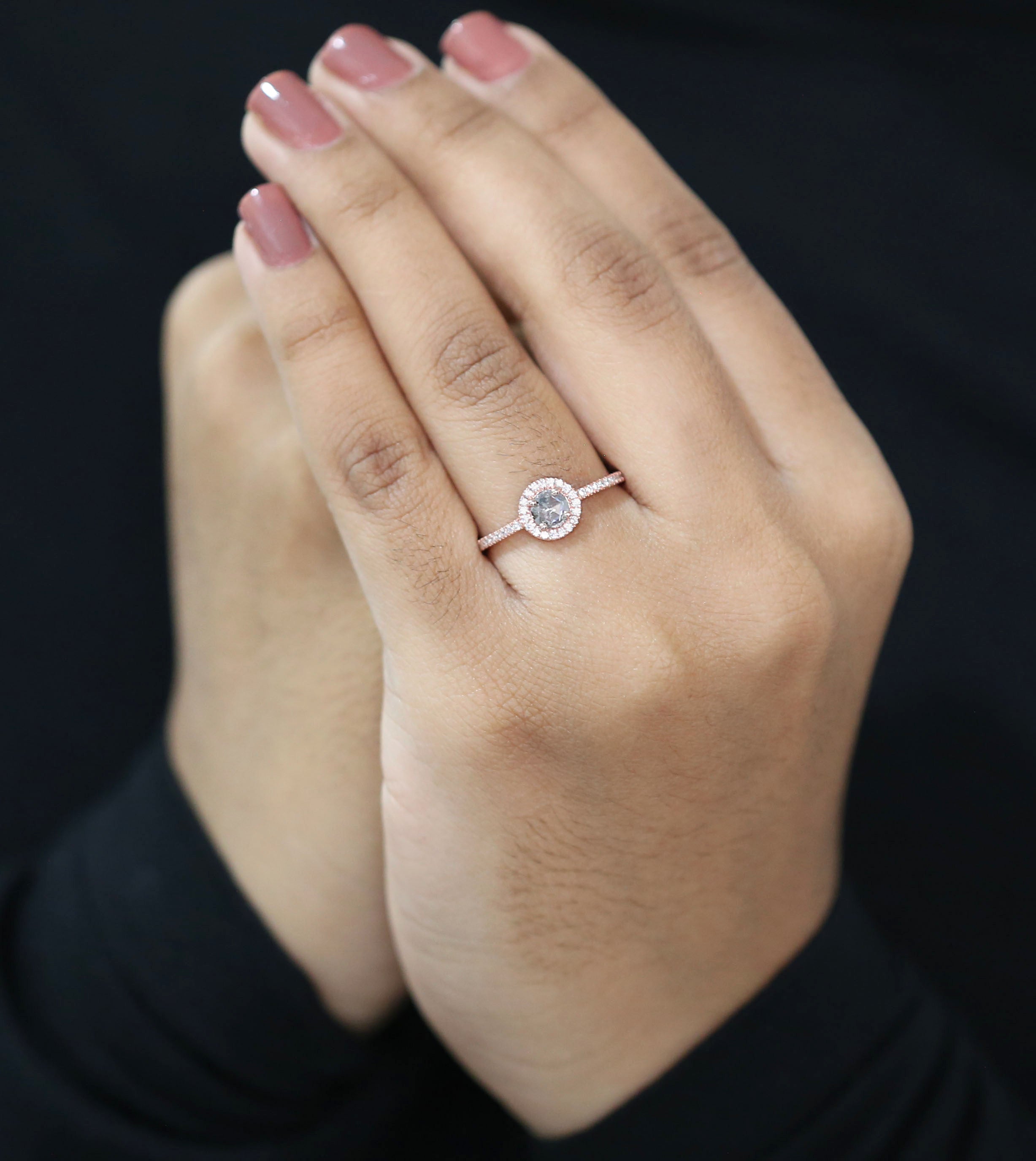 Round Rose Cut salt and pepper Diamond Ring, Natural Salt and pepper Rose Cut Diamond Engagement Ring, Rose Cut Shape Ring KD1058