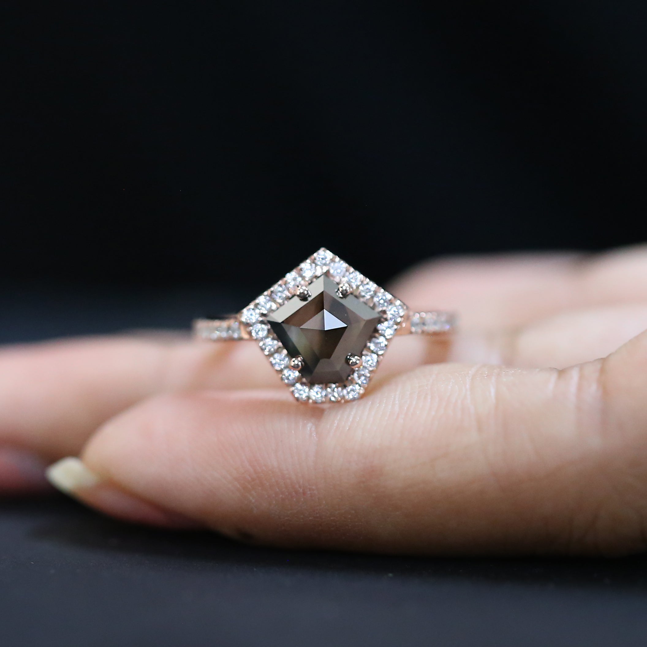 IGI Certified Pentagon Black Color Diamond Ring 1.74 Ct 8.05 MM Pentagon Diamond Ring 14K Solid Rose Gold Silver Engagement Gift Ring QL9381