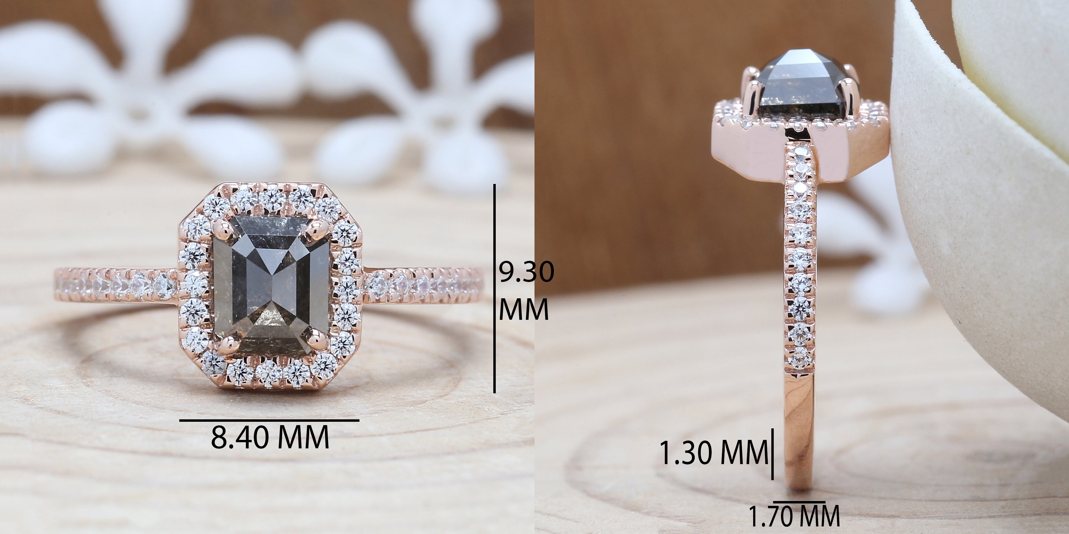 Emerald Cut Salt And Pepper Diamond Ring 1.26 Ct 6.10 MM Emerald Diamond Ring 14K Solid Rose Gold Silver Engagement Ring Gift For Her QK1954