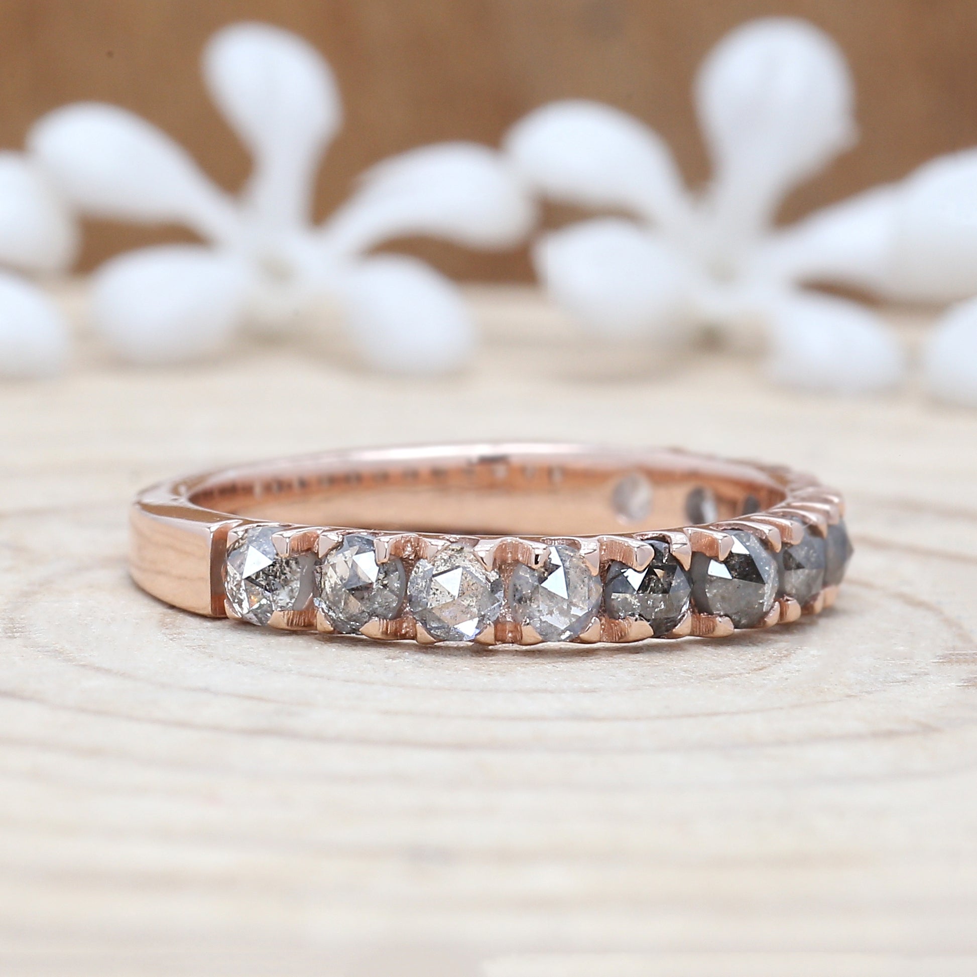 1.25 CT Salt And Pepper Band, Round Rose Cut Diamond Band, Engagement Band, 14K Rose Gold Band, Wedding Band, Gift For Her KD923