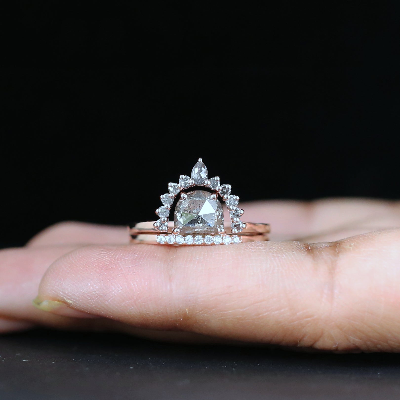 Half Moon Salt And Pepper Diamond Ring 1.60 Ct 7.19 MM Half Moon Diamond Ring 14K Solid Rose Gold Silver Engagement Ring Gift For Her QL9196