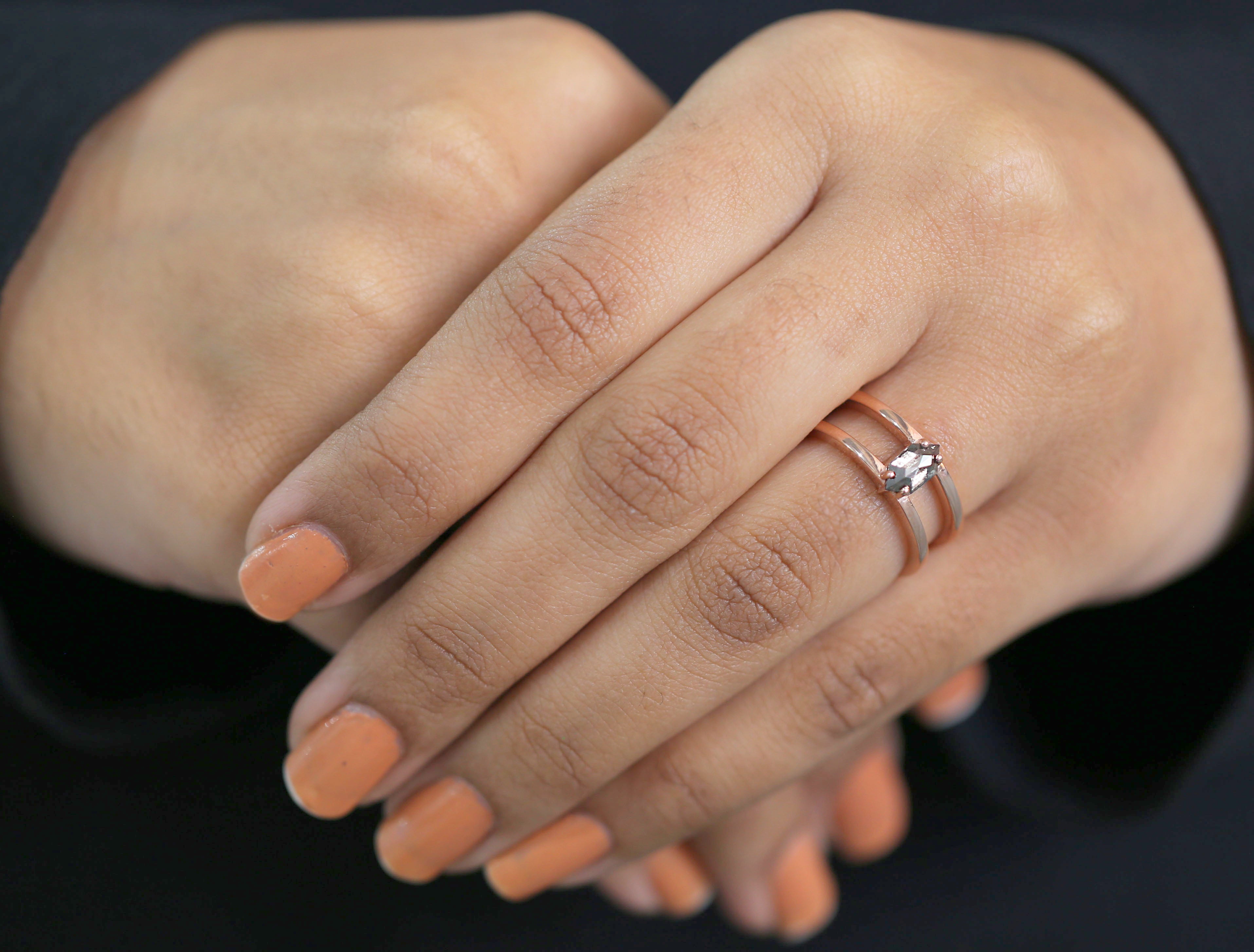 Hexagon Cut Salt And Pepper Diamond Ring 0.61 Ct 7.64 MM Hexagon Cut Diamond Ring 14K Rose Gold Silver Engagement Ring Gift For Her QL9458