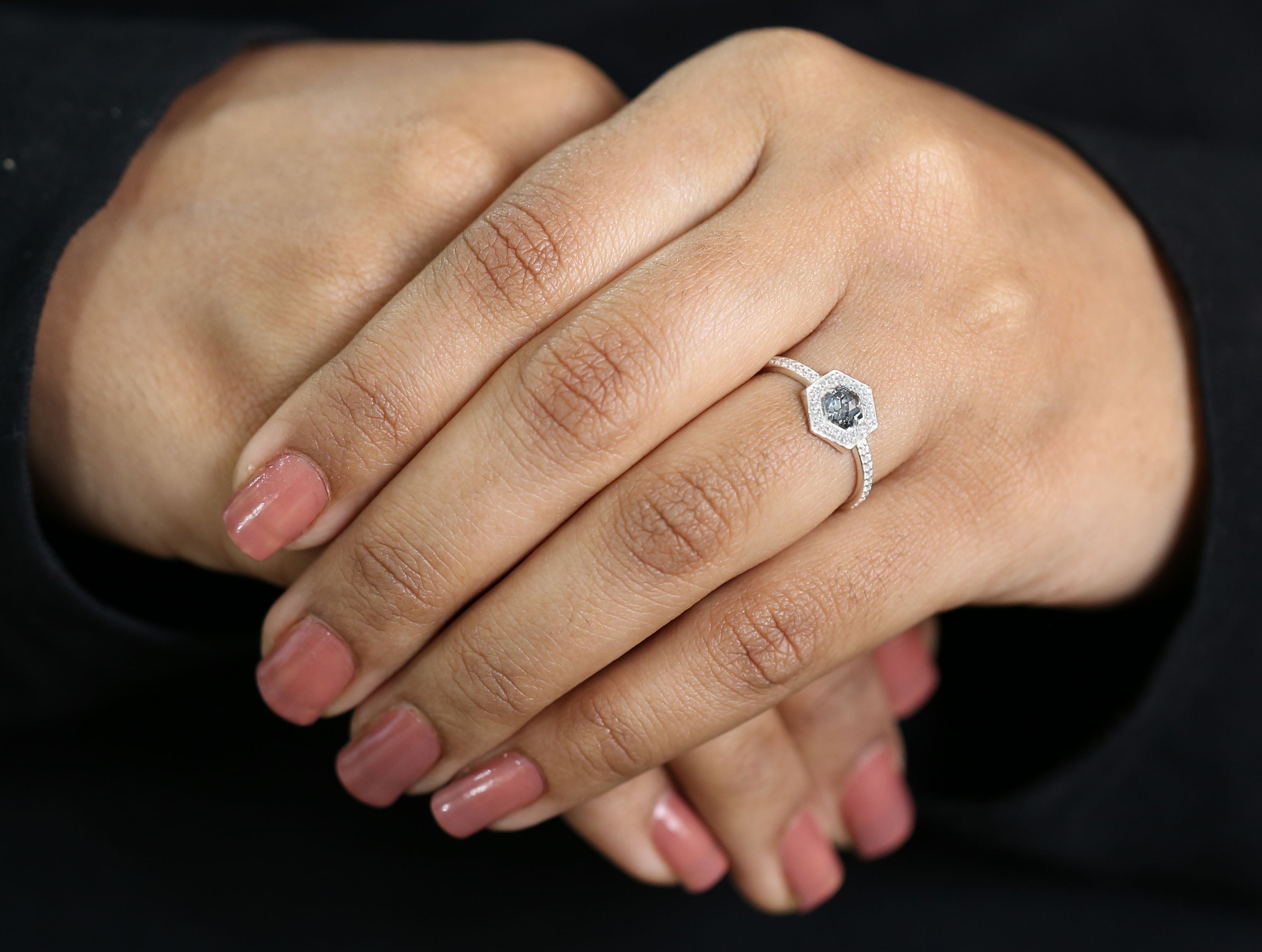Hexagon Salt And Pepper Diamond Ring 0.39 Ct 5.11 MM Hexagon Diamond Ring 14K Solid White Gold Silver Engagement Ring Gift For Her QL2521
