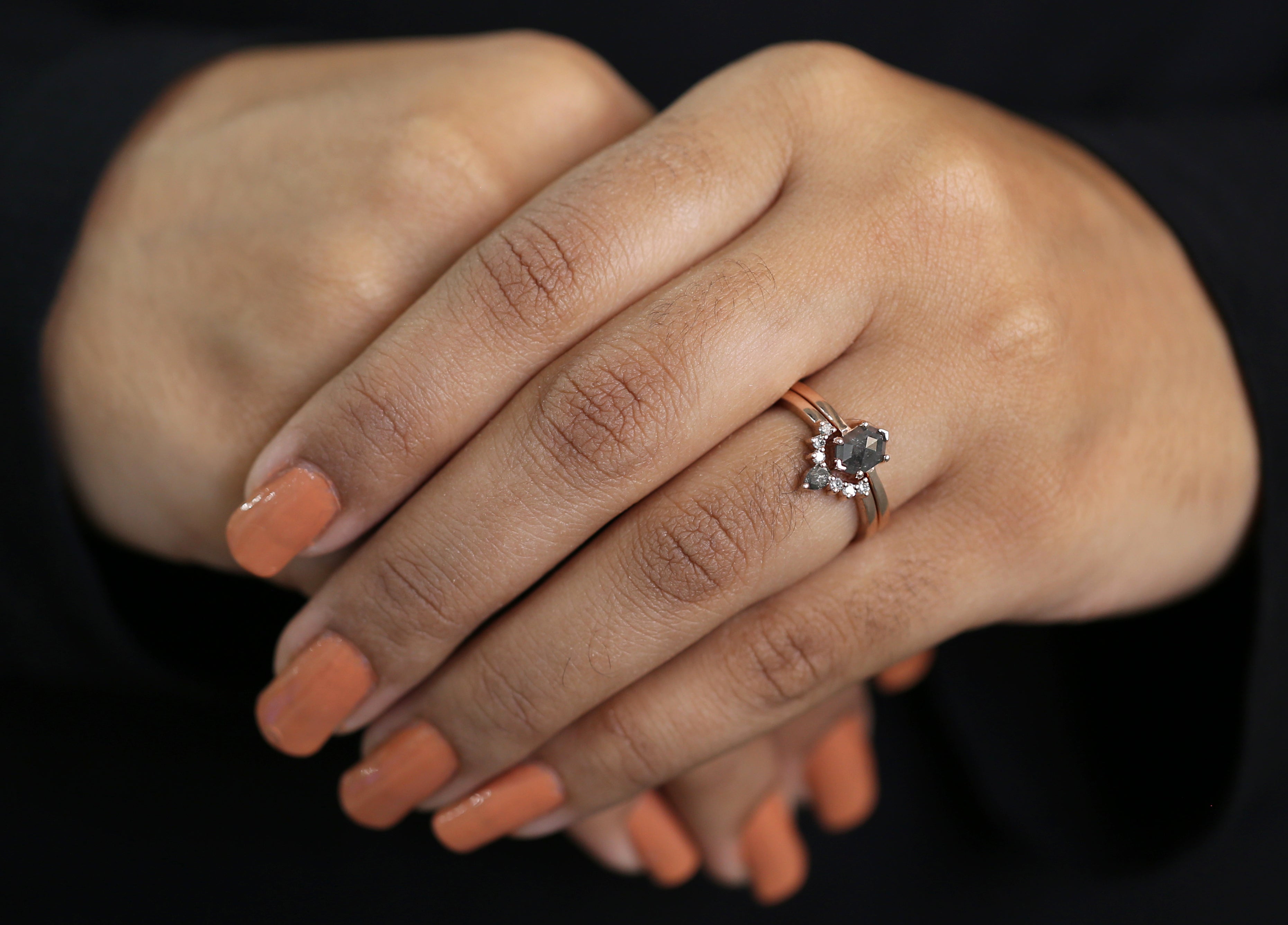 Hexagon Salt And Pepper Diamond Ring Engagement Wedding Gift Ring 14K Solid Rose White Yellow Gold Ring Set 0.70 CT QL8153