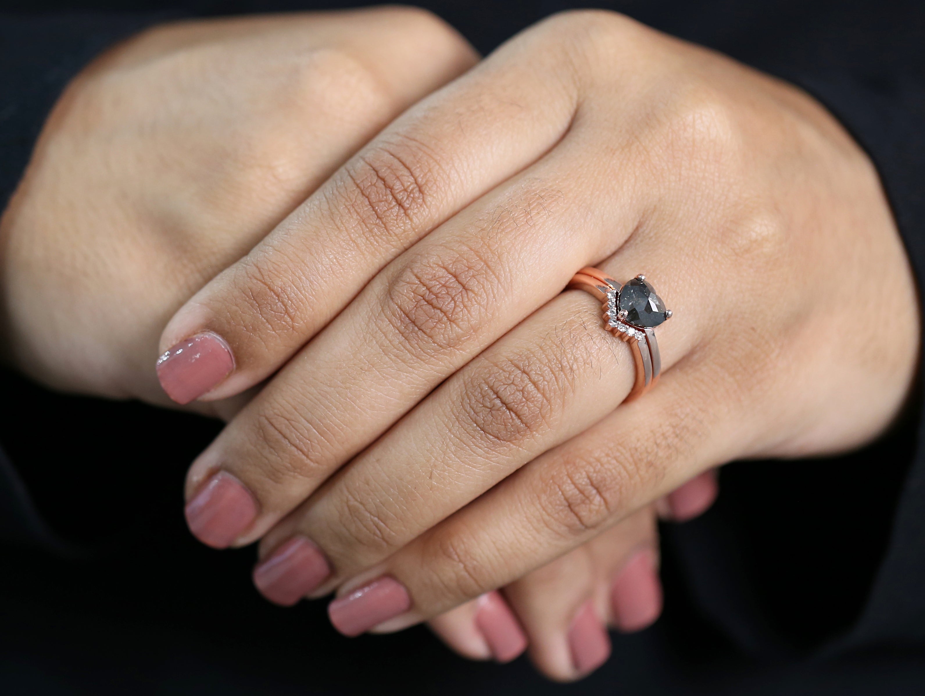 Heart Salt And Pepper Diamond Ring 1.45 Ct 6.46 MM Heart Shape Diamond Ring 14K Solid Rose Gold Silver Engagement Ring Gift For Her QL1943