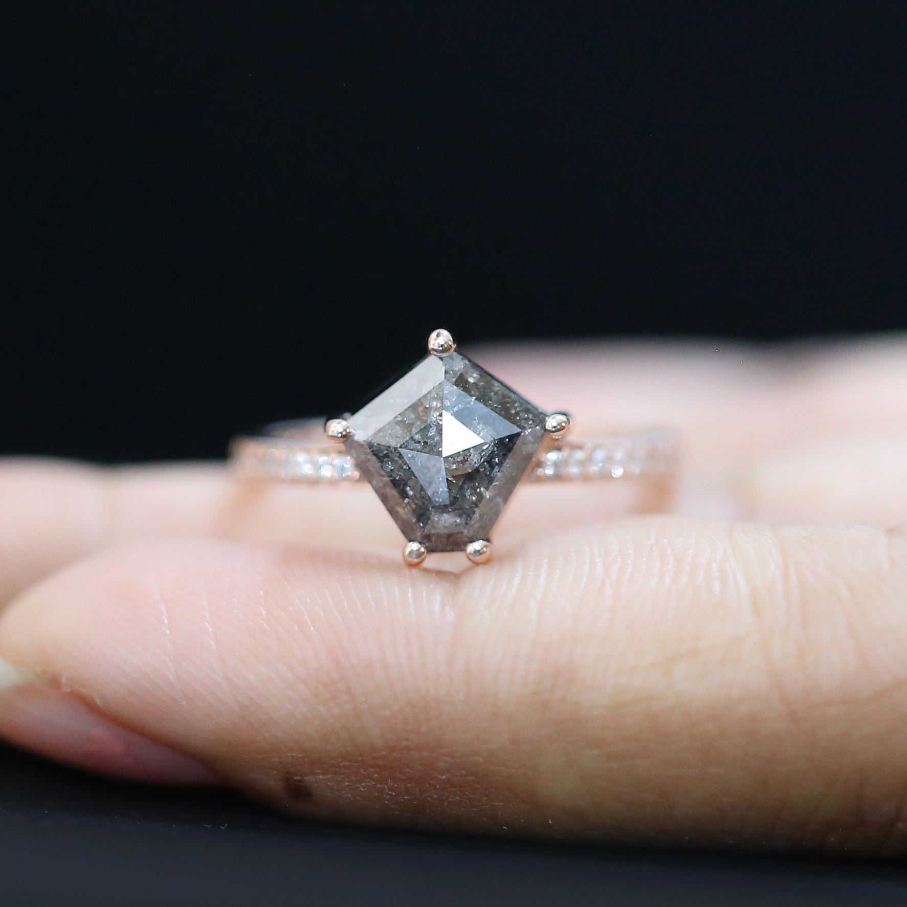 Pentagon Cut Salt And Pepper Diamond Ring 2.03 Ct 8.70 MM Pentagon Diamond Ring 14K Rose Gold Silver Engagement Ring Gift For Her QL9999