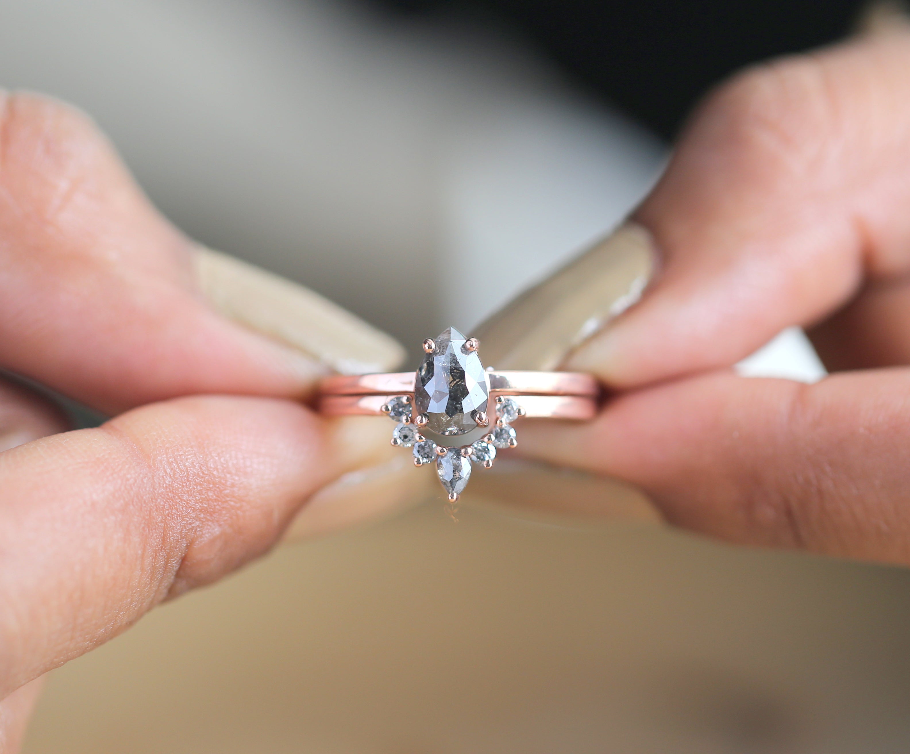 0.93 CT Salt And Pepper Diamond Ring, Pear Diamond Ring, Engagement Ring, 14K Rose Gold Ring, Rose Cut Ring, Wedding Gift For Her KDL680