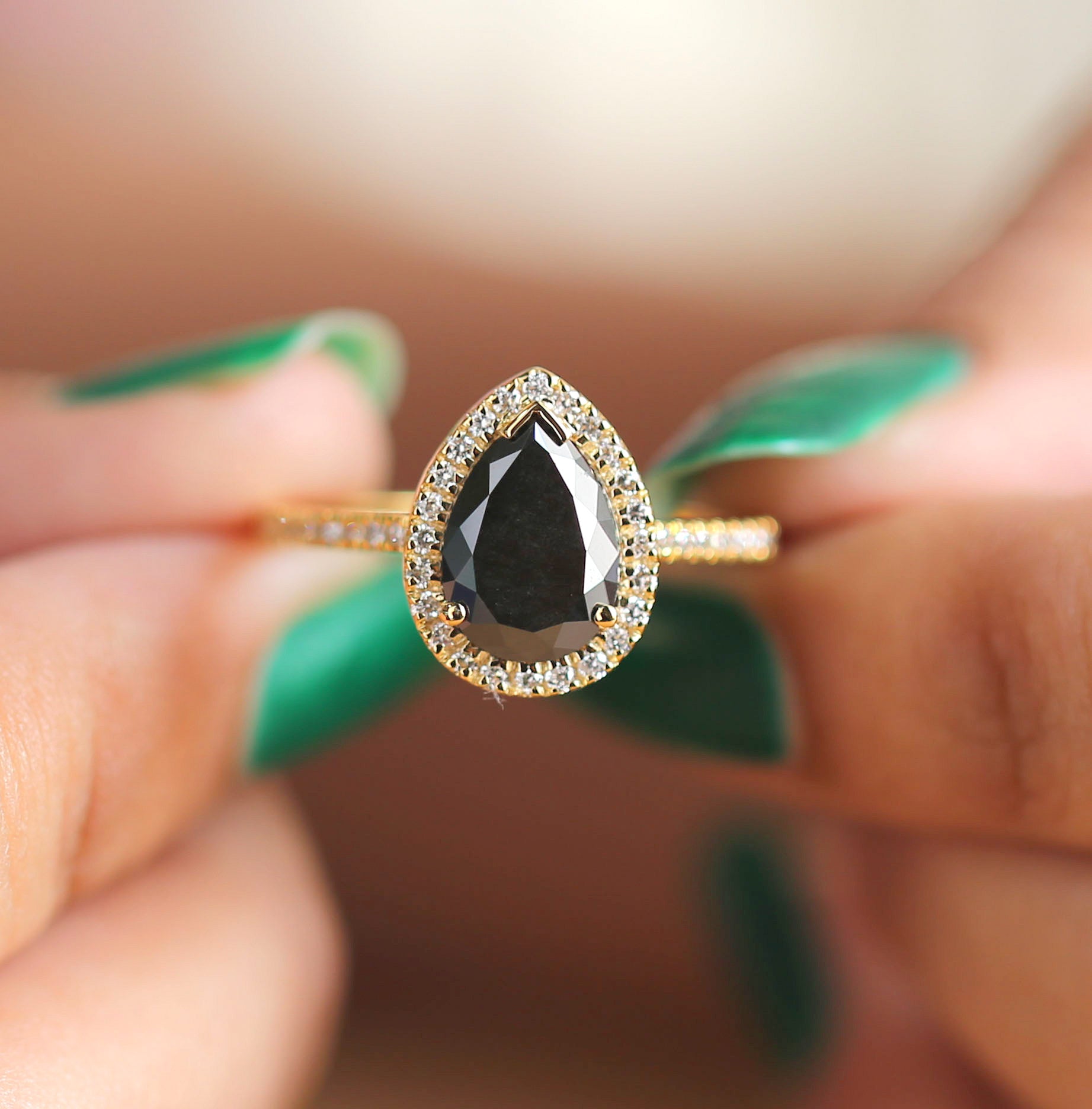 2.00 CT Black Diamond Ring, Pear Cut Diamond Ring, Engagement Ring, Rose Cut Diamond Ring, 14K Yellow Gold Ring, Wedding Ring, KD237