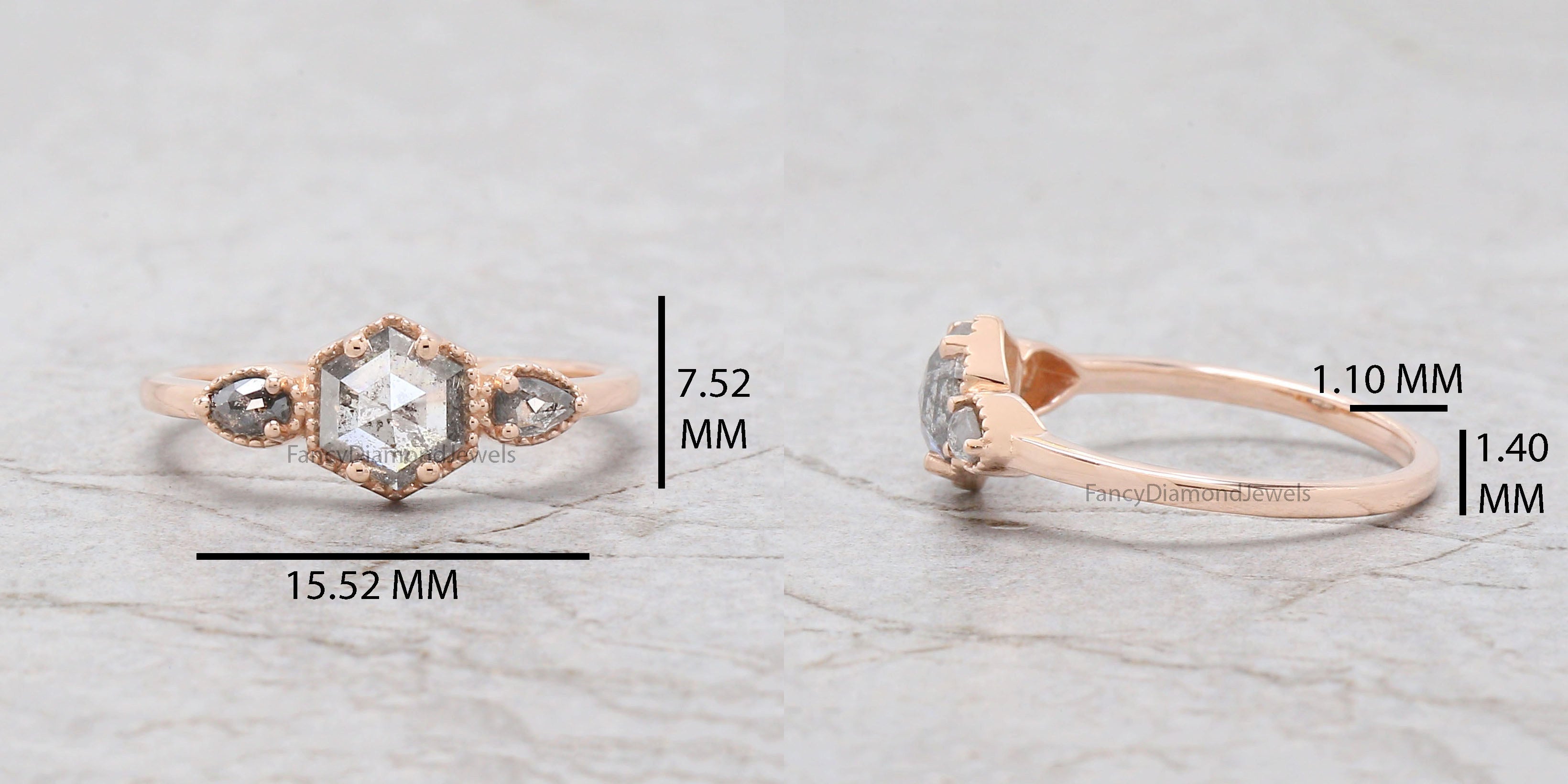 Hexagon Cut Salt And Pepper Diamond Ring 0.72 Ct 6.29 MM Hexagon Cut Diamond Ring 14K Rose Gold Silver Engagement Ring Gift For Her QL2741