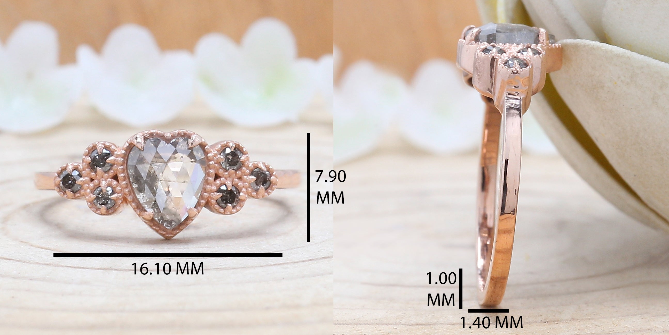 Heart Salt And Pepper Diamond Ring 0.65 Ct 6.65 MM Heart Shape Diamond Ring 14K Solid Rose Gold Silver Engagement Ring Gift For Her QL1627