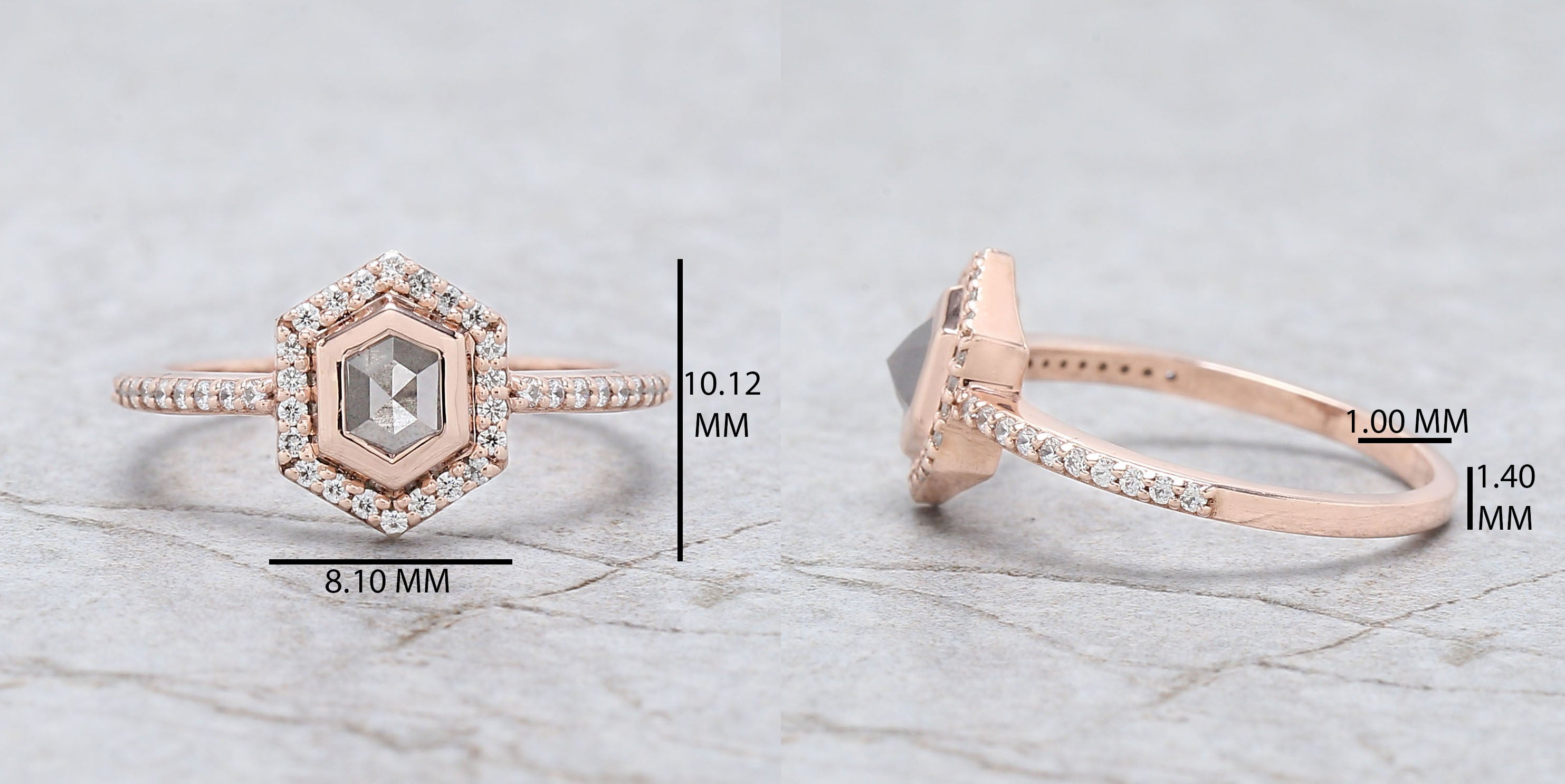 Hexagon Cut Salt And Pepper Diamond Ring 0.46 Ct 5.45 MM Hexagon Cut Diamond Ring 14K Rose Gold Silver Engagement Ring Gift For Her QL9681