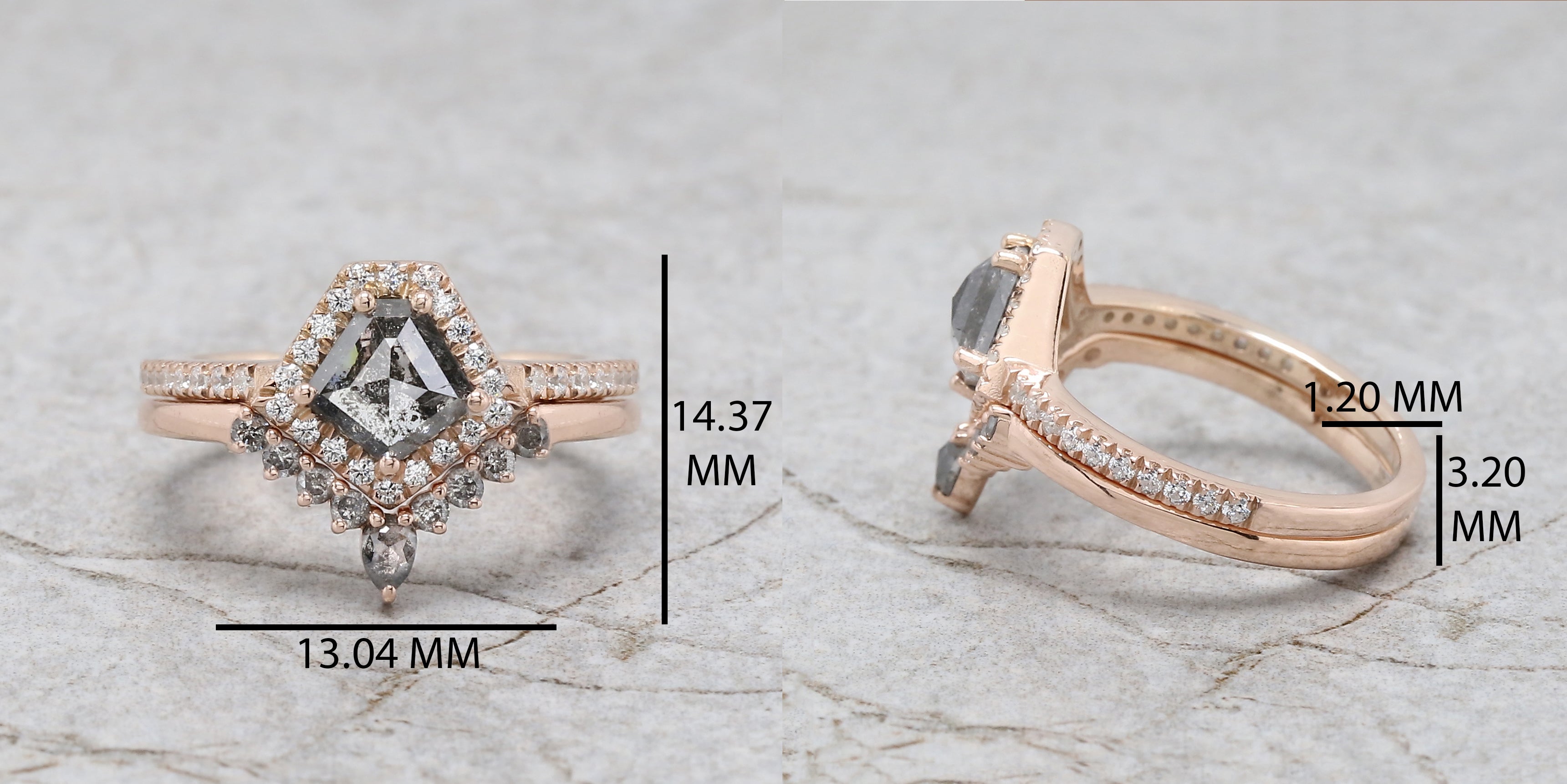 1.12 Ct Natural Pentagon Salt And Pepper Diamond Ring 6.85 MM Pentagon Shape Diamond Ring 14K Solid Rose Gold Silver Engagement Ring QL1501