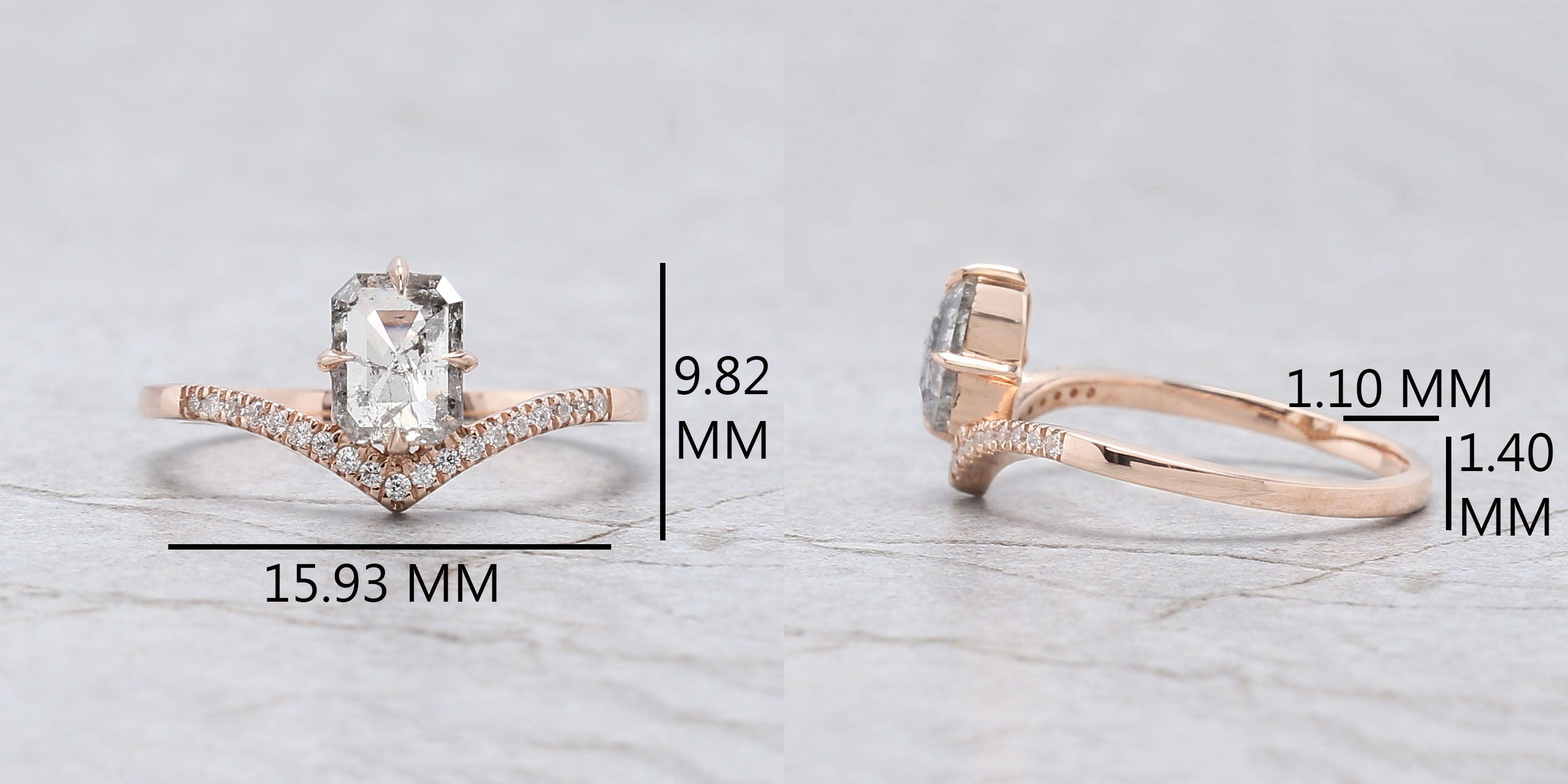 Emerald Cut Salt And Pepper Diamond Ring 0.74 Ct 6.30 MM Emerald Diamond Ring 14K Rose Gold Silver Engagement Ring Gift For Her QL8434