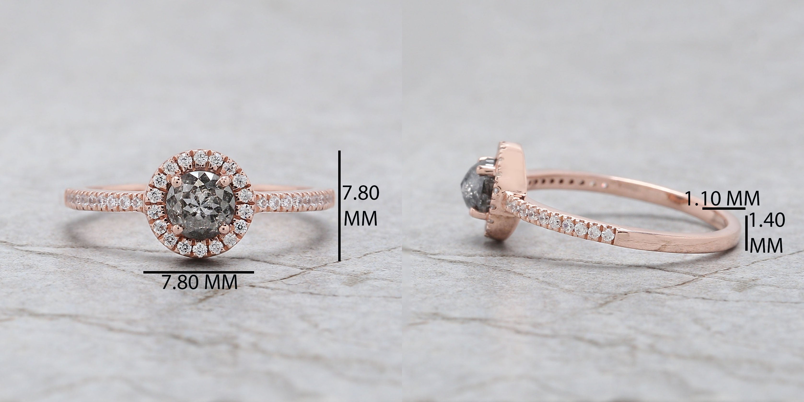 Round Rose Cut Salt And Pepper Diamond Ring 0.61 Ct 4.80 MM Round Diamond Ring 14K Rose Gold Silver Engagement Ring Gift For Her QN9744