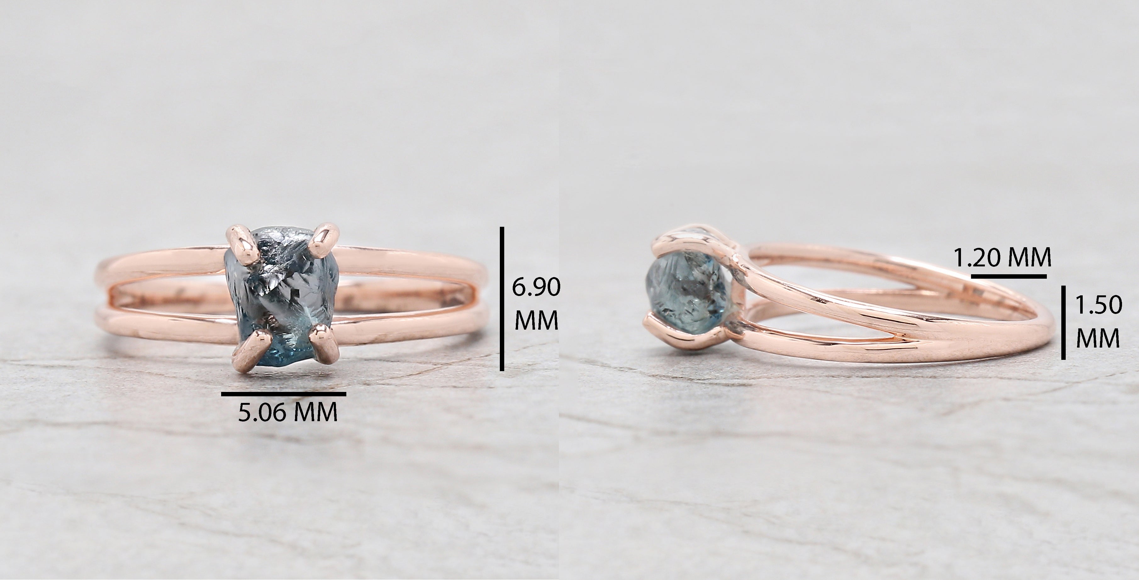 Rough Blue Color Diamond Ring 1.40 Ct 6.60 MM Crystal Rough Diamond Ring 14K Solid Rose Gold Silver Engagement Ring Gift For Her QL2329