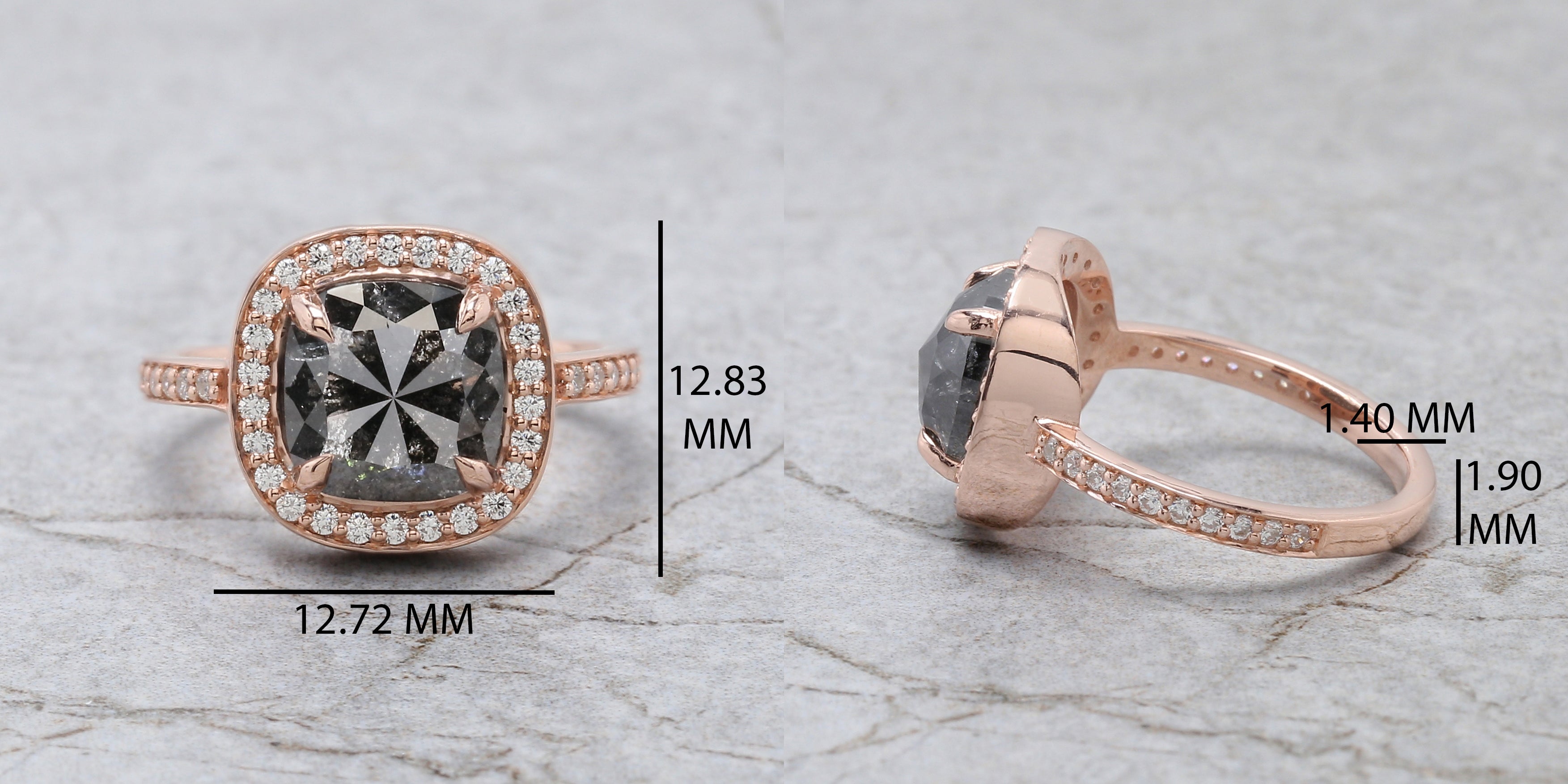Cushion Cut Salt And Pepper Diamond Ring 2.92 Ct 8.40 MM Cushion Diamond Ring 14K Solid Rose Gold Silver Engagement Ring Gift For Her QL2137