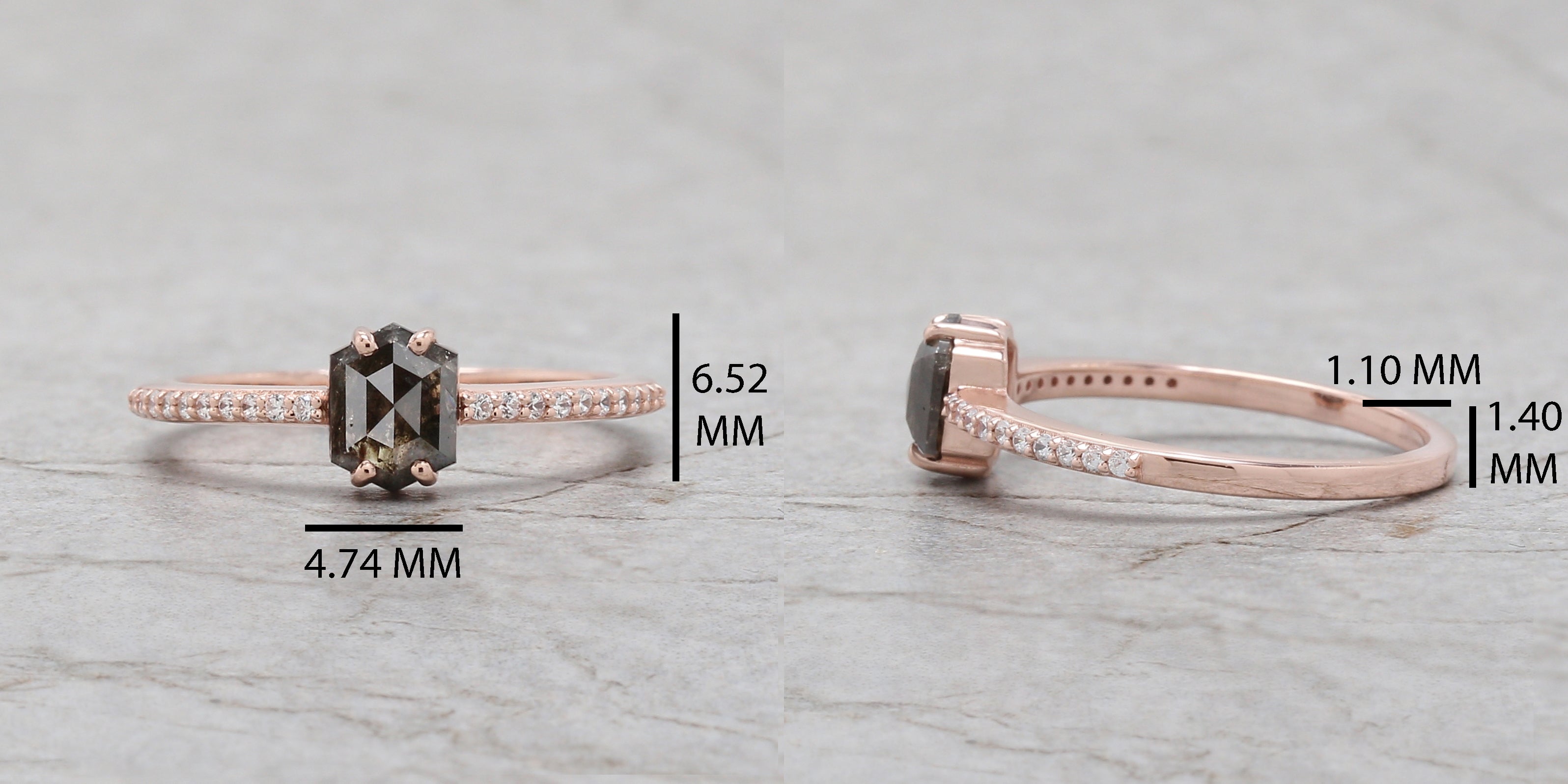 Hexagon Cut Salt And Pepper Diamond Ring 0.65 Ct 6.30 MM Hexagon Cut Diamond Ring 14K Rose Gold Silver Engagement Ring Gift For Her QK2330