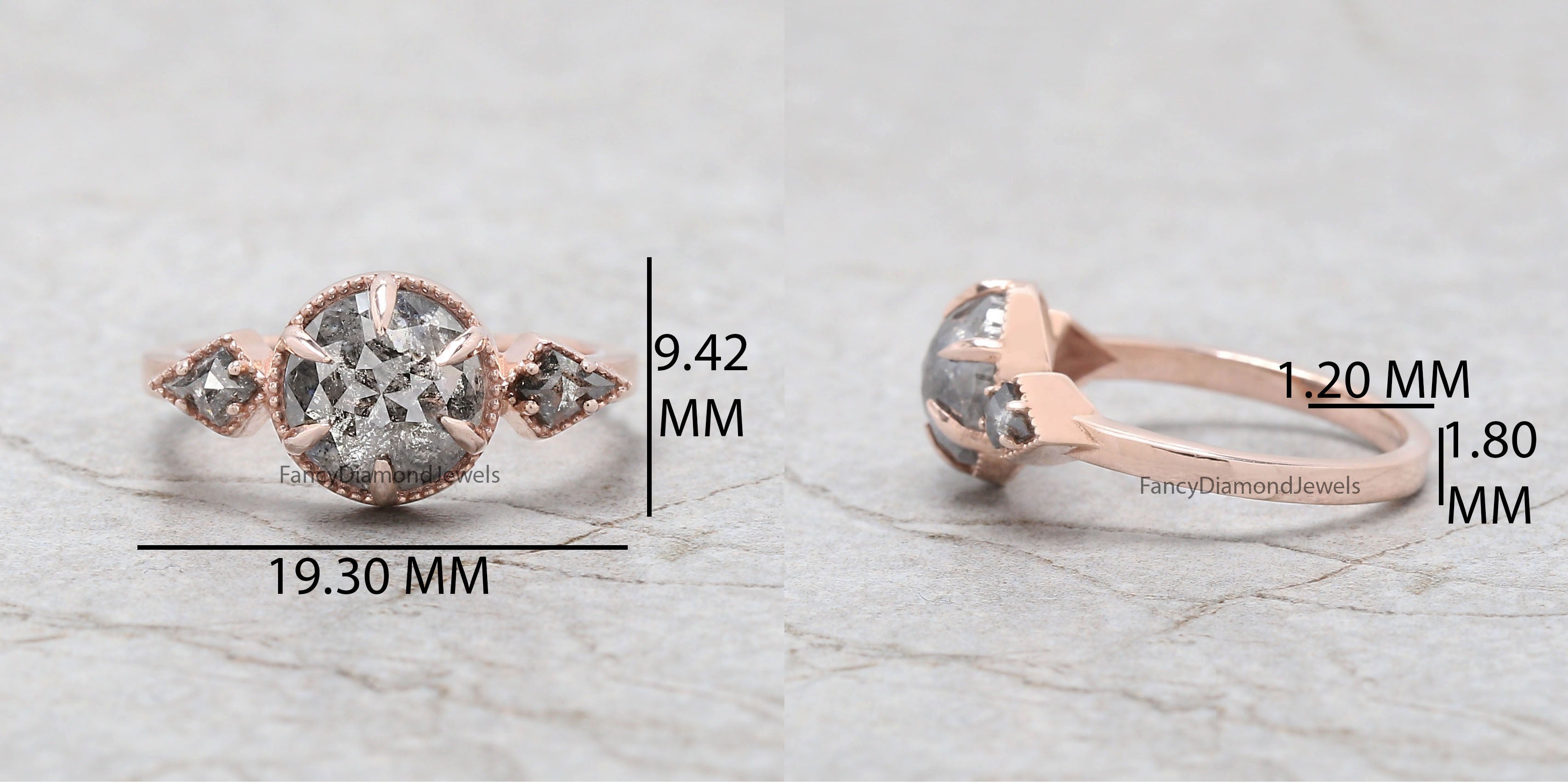 2.21 Ct Natural Round Rose Cut Salt And Pepper Diamond Ring 8.00 MM Round Diamond Ring 14K Solid Rose Gold Silver Engagement Ring QL1093