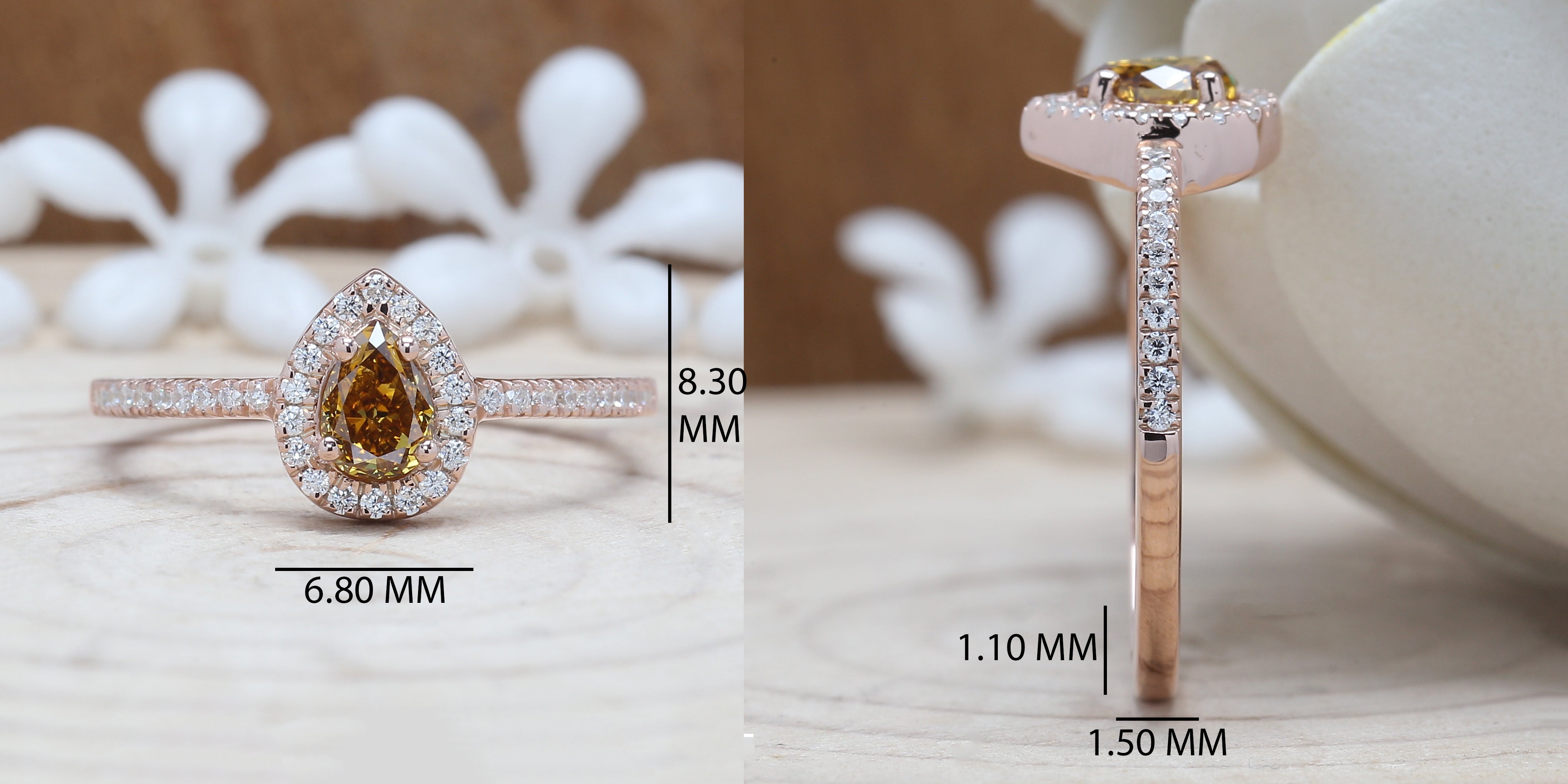 Yellow Brown Pear Diamond 14K Solid Rose White Yellow Gold Ring Engagement Wedding Gift Ring KDN9828