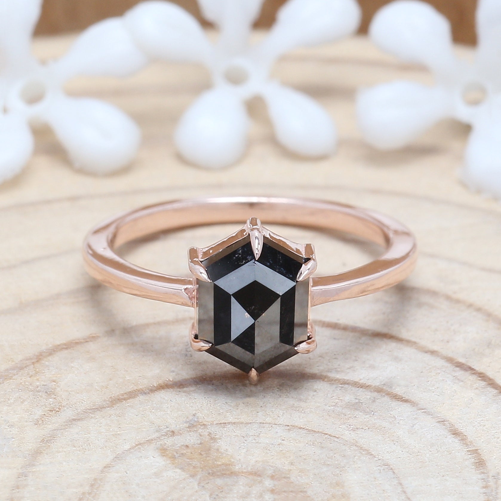 Hexagon Cut Black Color Diamond Ring 2.28 Ct 8.50 MM Hexagon Diamond Ring 14K Rose Gold Silver Hexagon Engagement Ring Gift For Her QL9576