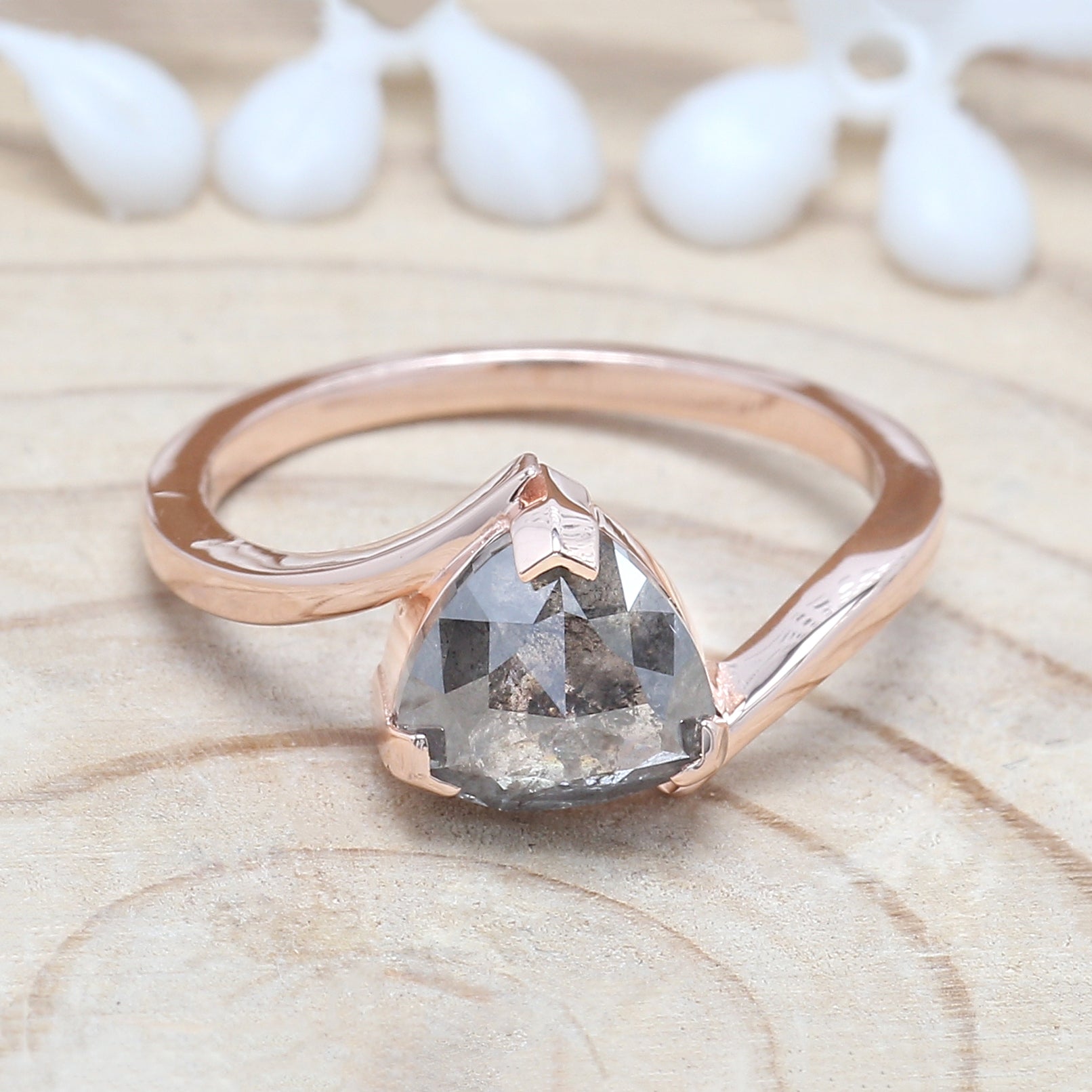 Triangle Cut Salt And Pepper Diamond Ring 1.79 Ct 7.90 MM Triangle Diamond Ring 14K Solid Rose Gold Silver Engagement Ring Gift For Her QL8570