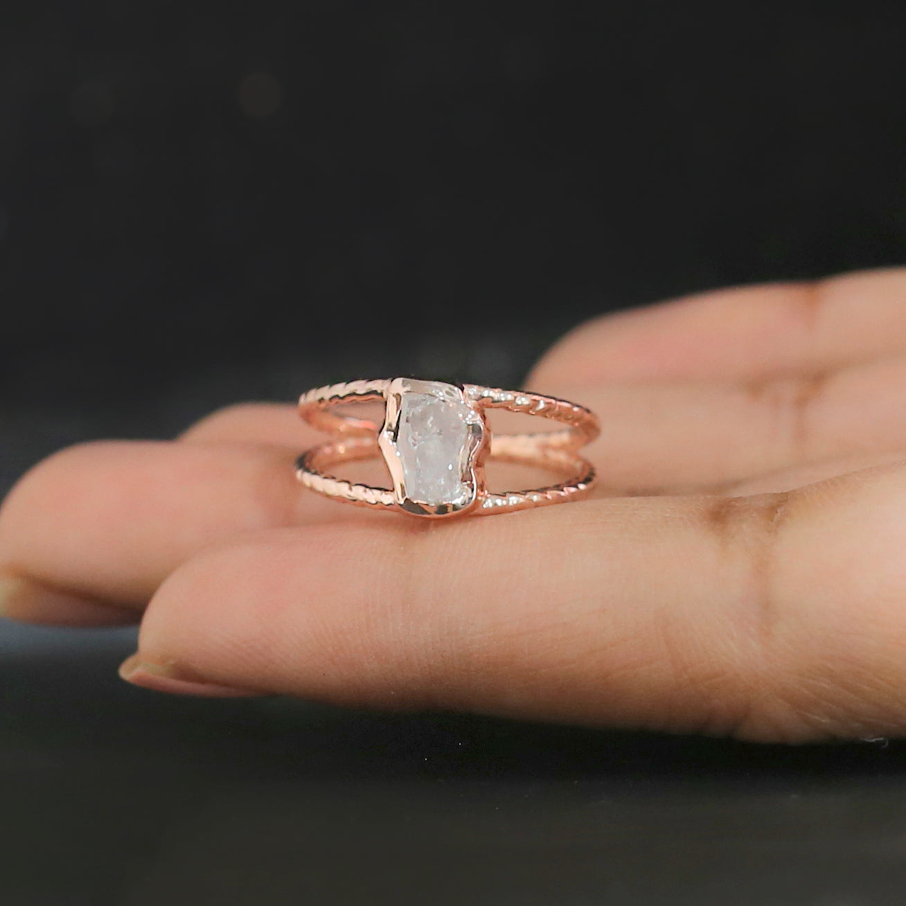 Rough White-F Color Diamond Ring 0.79 Ct 7.85 MM Crystal Rough Diamond Ring 14K Solid Rose Gold Silver Engagement Ring Gift For Her QN503