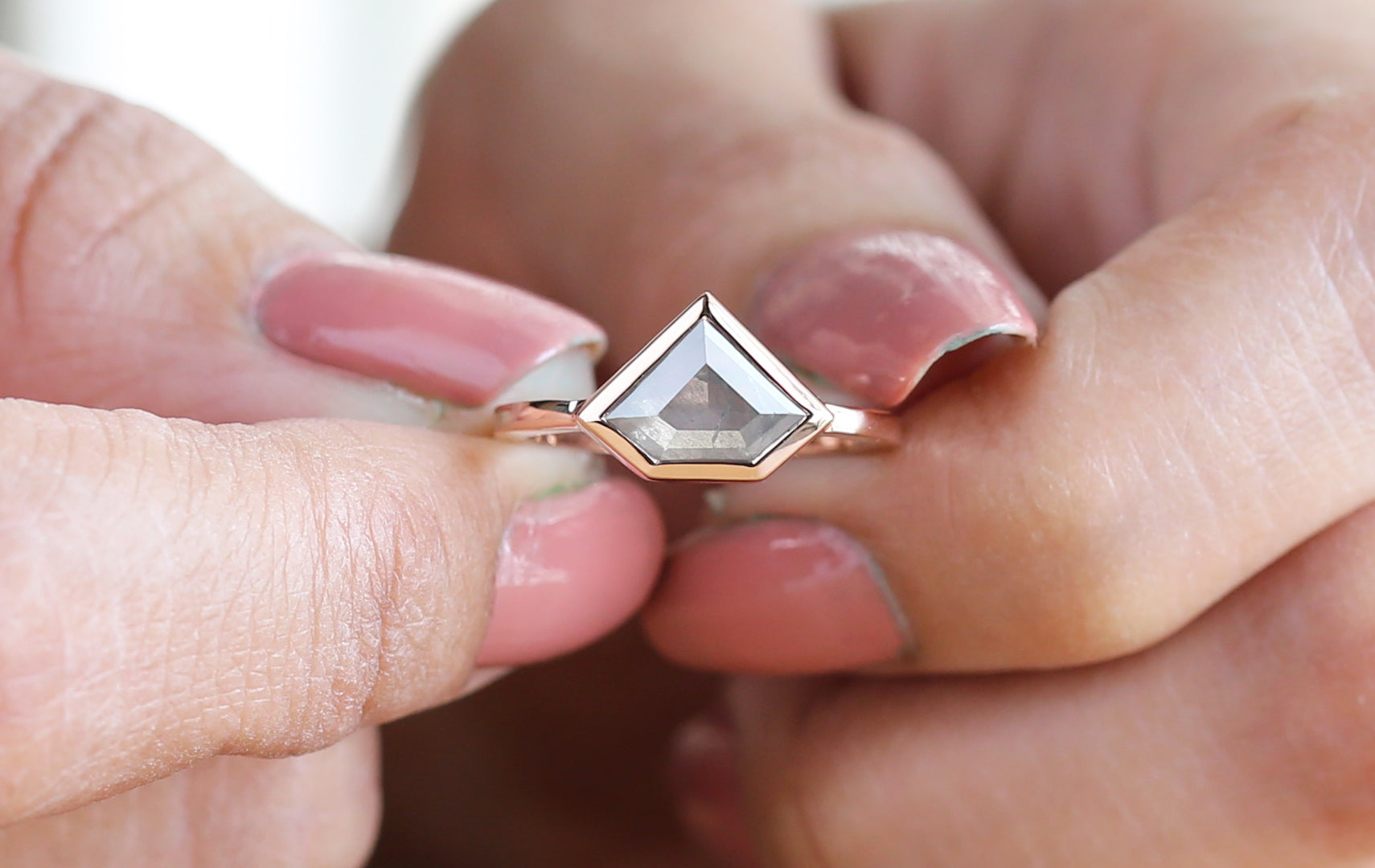 Grey Shield Diamond 14K Solid Rose White Yellow Gold Ring Engagement Wedding Gift Ring KDN9746