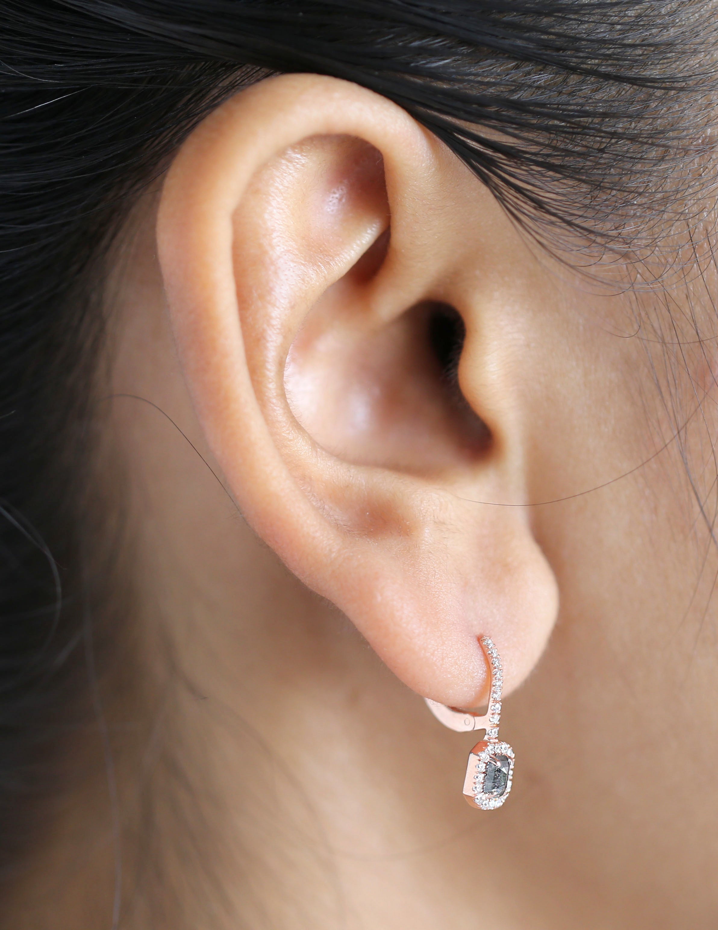Emerald Cut Salt and Pepper Diamond Earring 0.49 Ct 4.22 MM Emerald Shape Diamond Earring 14K Solid Rose Gold Silver Engagement QN2150