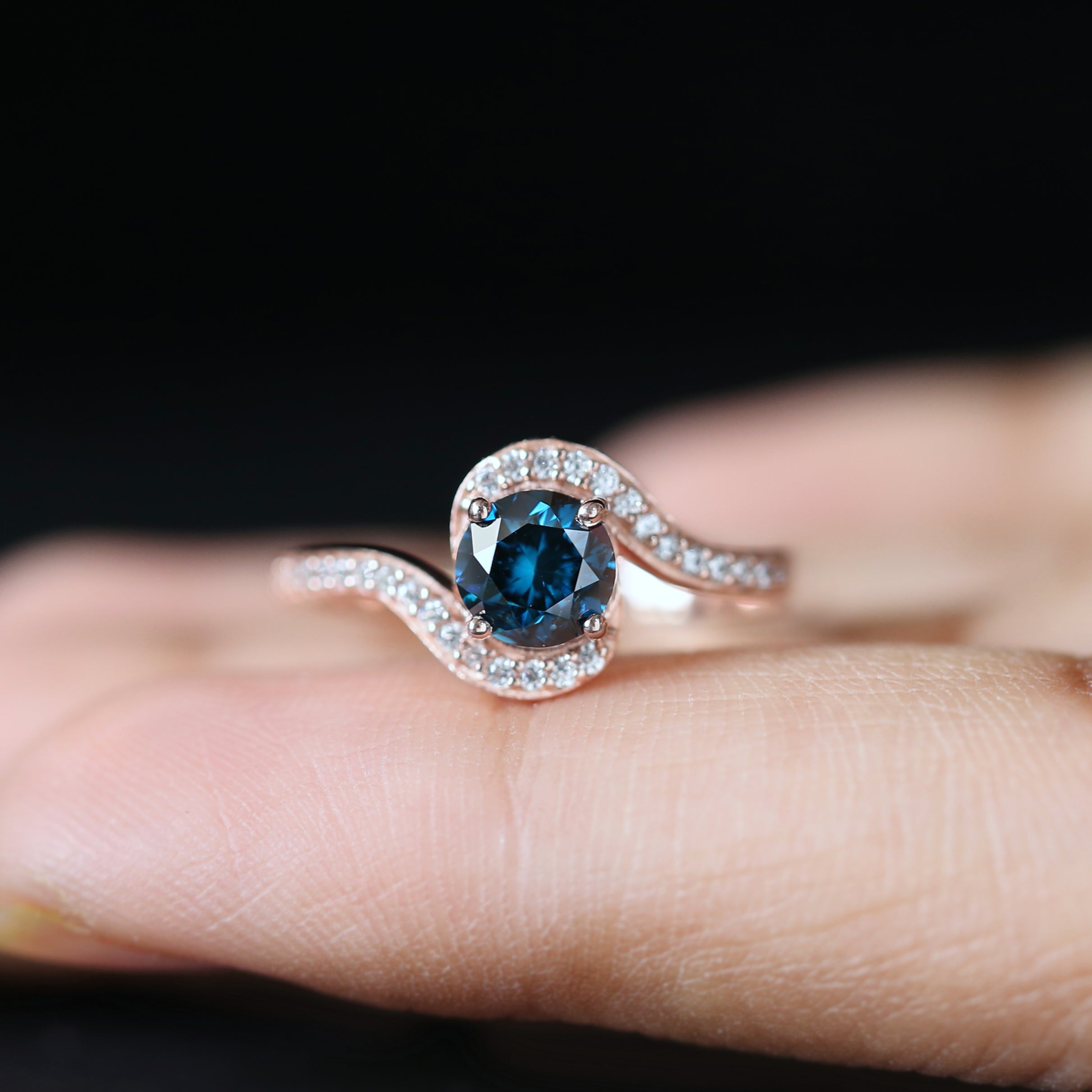 Round Cut Blue Color Diamond Ring 0.70 Ct 5.38 MM Round Shape Diamond Ring 14K Rose Gold Silver Round Engagement Ring Gift For Her QL2043
