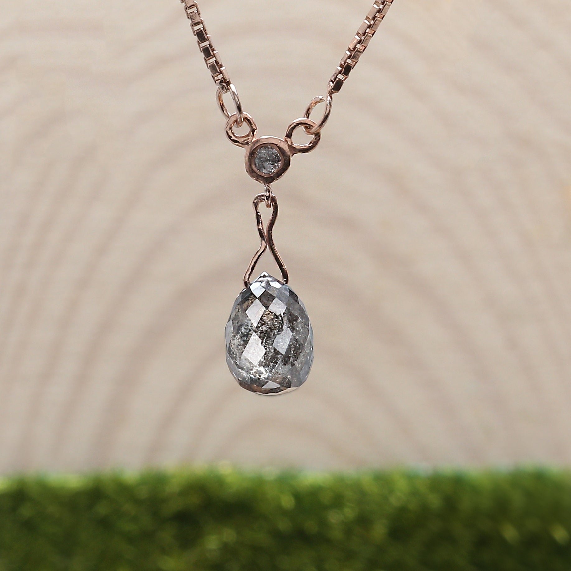 Drop Salt and Pepper Diamond Pendant 2.48 Ct 8.10 MM Briolette Shape Diamond Pendant 14K Solid Rose Gold Silver Engagement Pendant QL5682