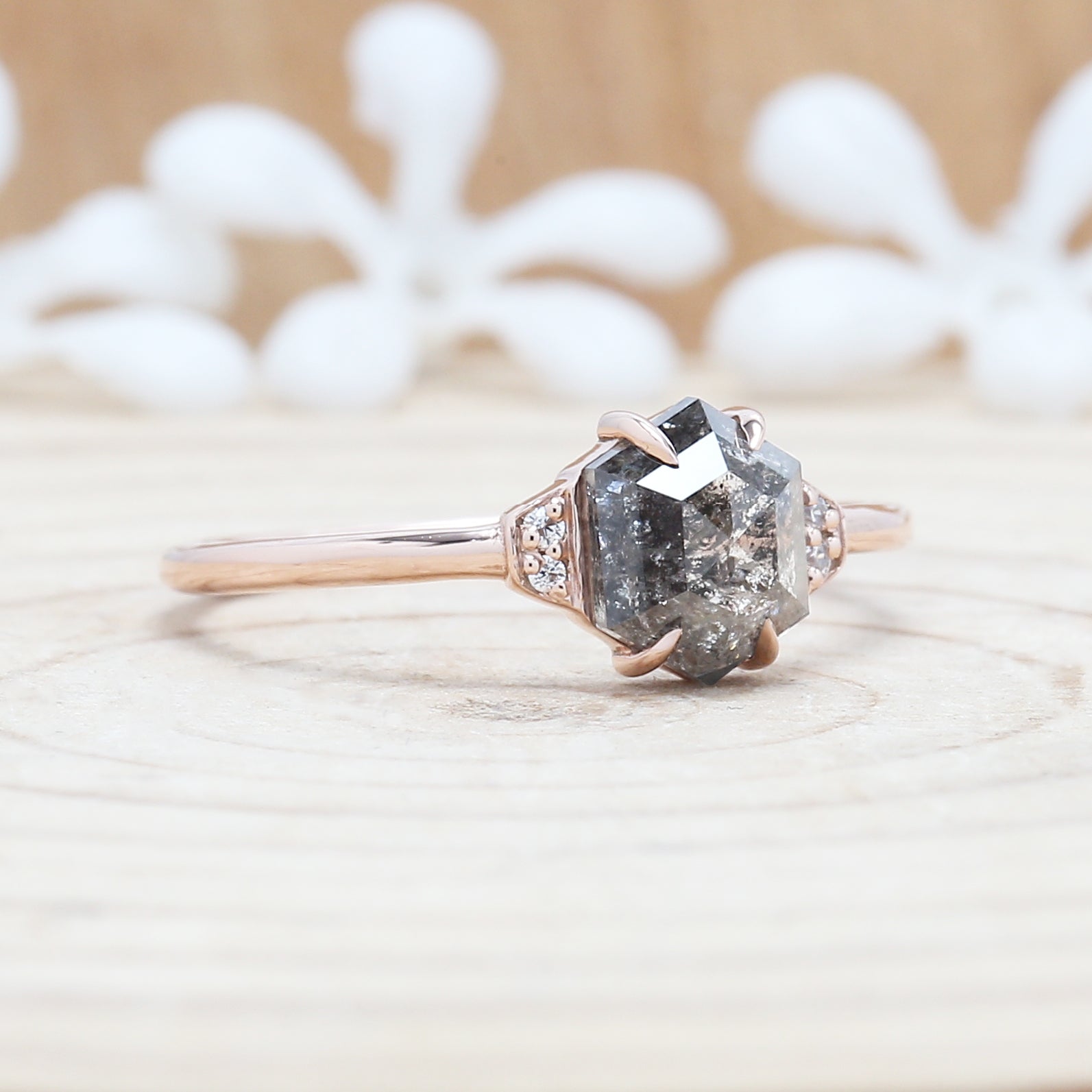 Salt and Pepper Diamond Ring, Engagement Ring,Hexagon Diamond Ring, Rose Cut Ring , 14K Rose Gold Ring ,Wedding Ring , Gift For Her KDL9197