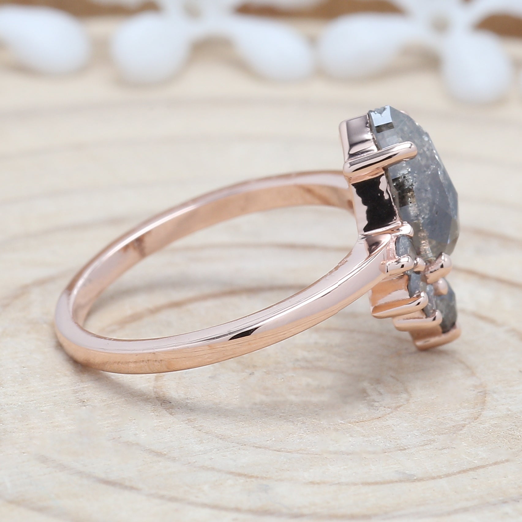Salt And Pepper Diamond Ring, Engagement Ring, Pear Rose Cut Diamond Ring , 14K Rose Gold Ring ,Wedding Ring , Gift For Her KDL9281