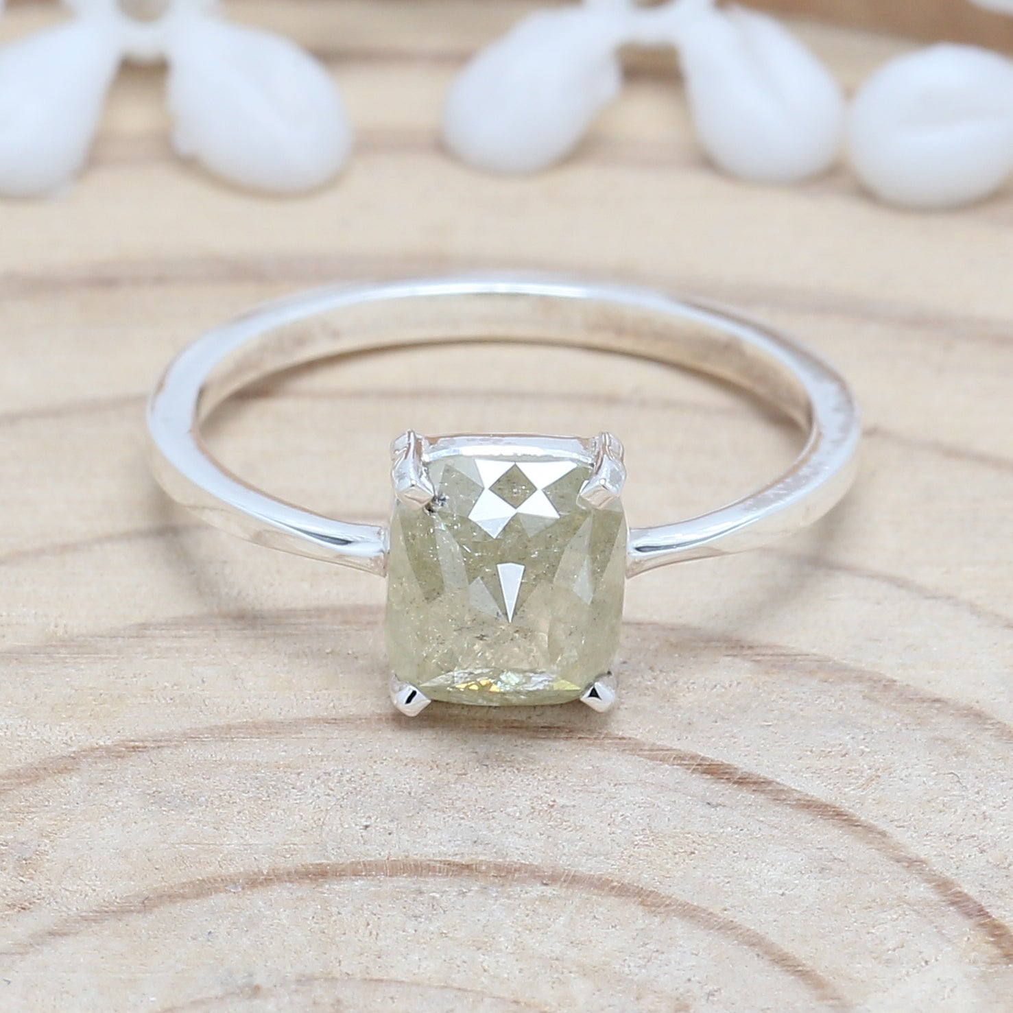 1.70 CT Yellow Diamond Ring,Grey Diamond Ring, Cushion Cut Diamond Ring, Engagement Ring, Rose Cut Diamond Ring,14K White Gold Ring,KDL7412