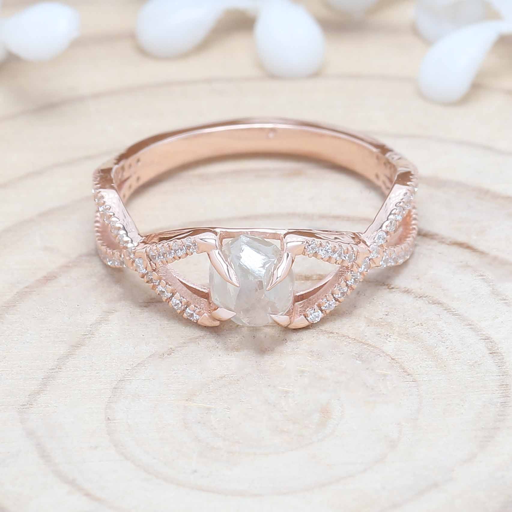 White Rough Diamond 14K Solid Rose White Yellow Gold Ring Engagement Wedding Gift Ring KD877