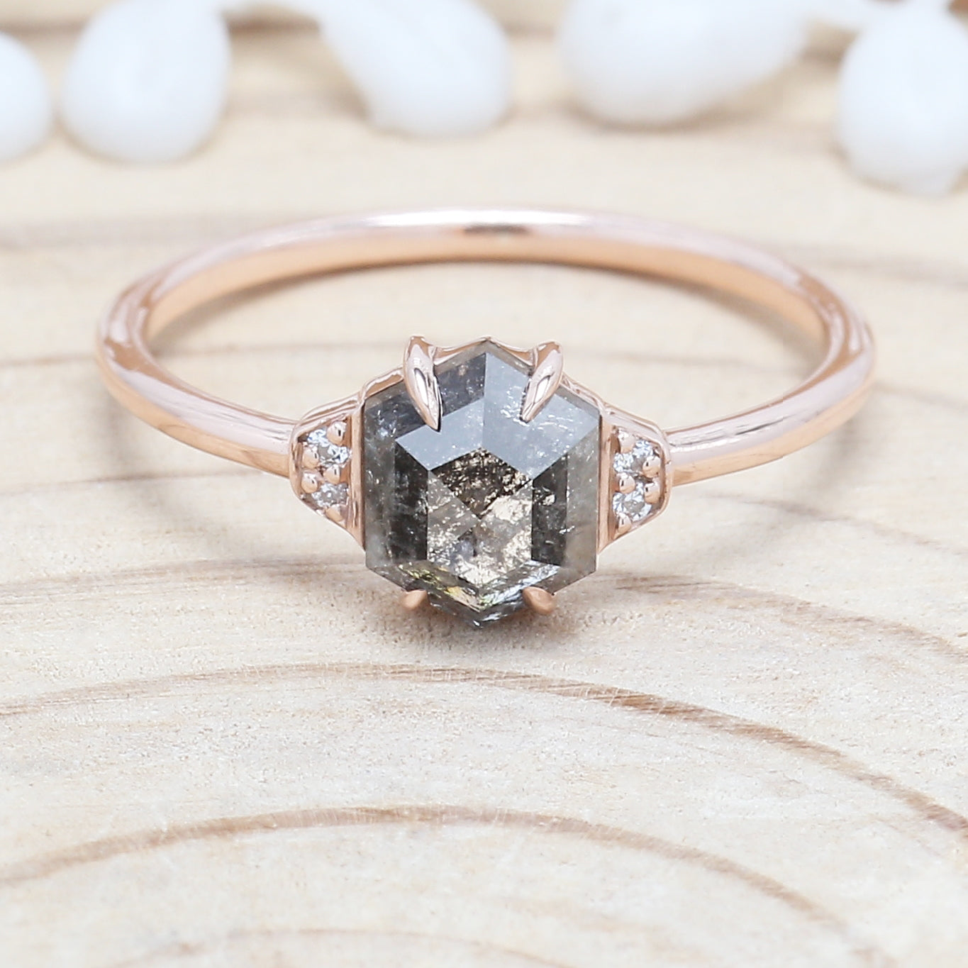 Salt and Pepper Diamond Ring, Engagement Ring,Hexagon Diamond Ring, Rose Cut Ring , 14K Rose Gold Ring ,Wedding Ring , Gift For Her KDL9197