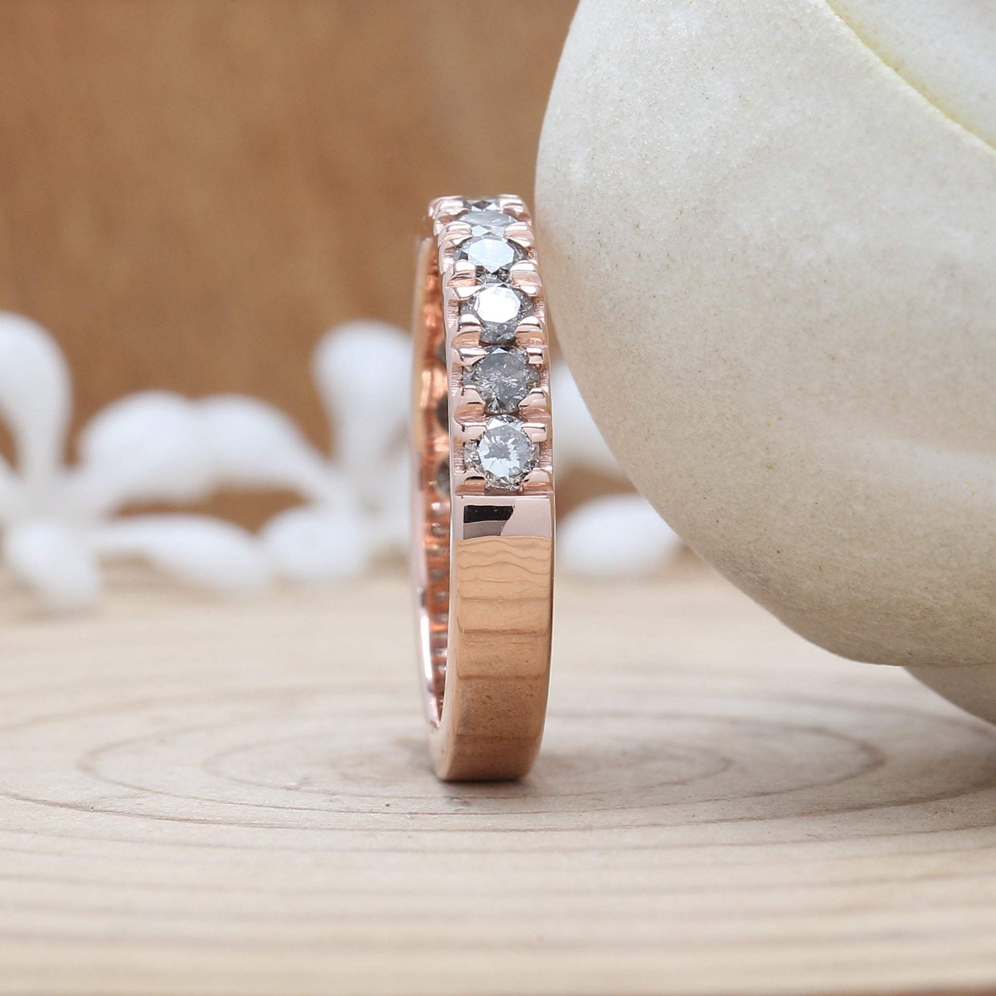 0.83 CT Salt And Pepper Band, Round Brilliant Cut Diamond Band, Engagement Band, 14K Rose Gold Band, Wedding Band, Gift For Her KD930