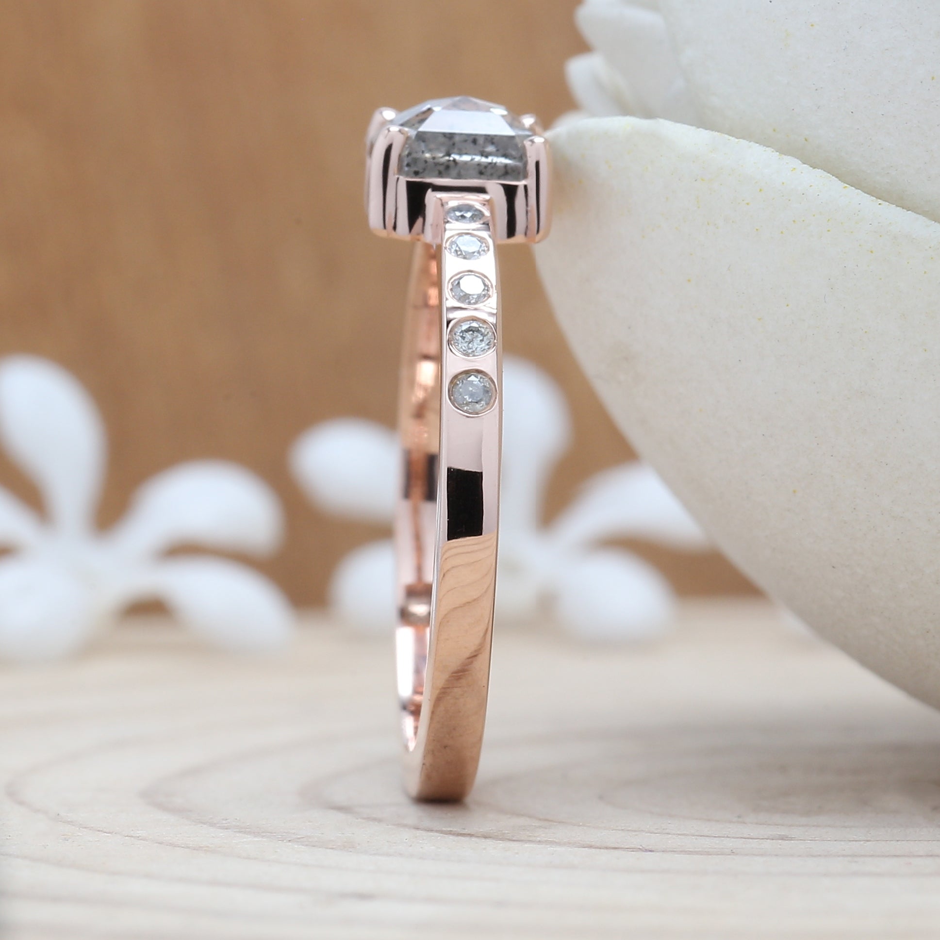 Emerald Cut Salt And Pepper Diamond Ring 0.79 Ct 5.50 MM Emerald Diamond Ring 14K Solid Rose Gold Silver Engagement Ring Gift For Her QN8837