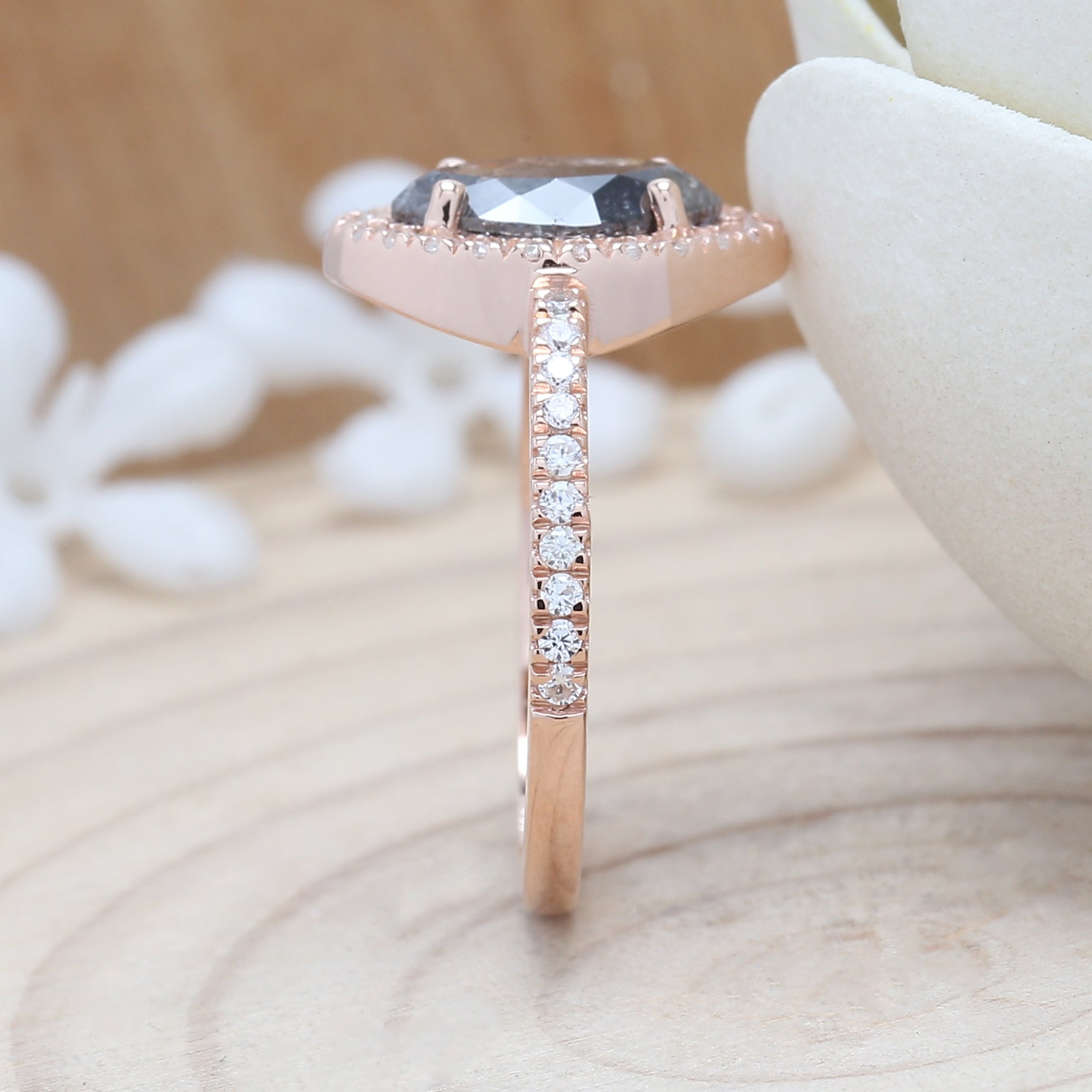 Marquise Cut Salt And Pepper Diamond Ring 1.38 Ct 9.40 MM Marquise Diamond Ring 14K Rose Gold Silver Engagement Ring Gift For Her QN9204