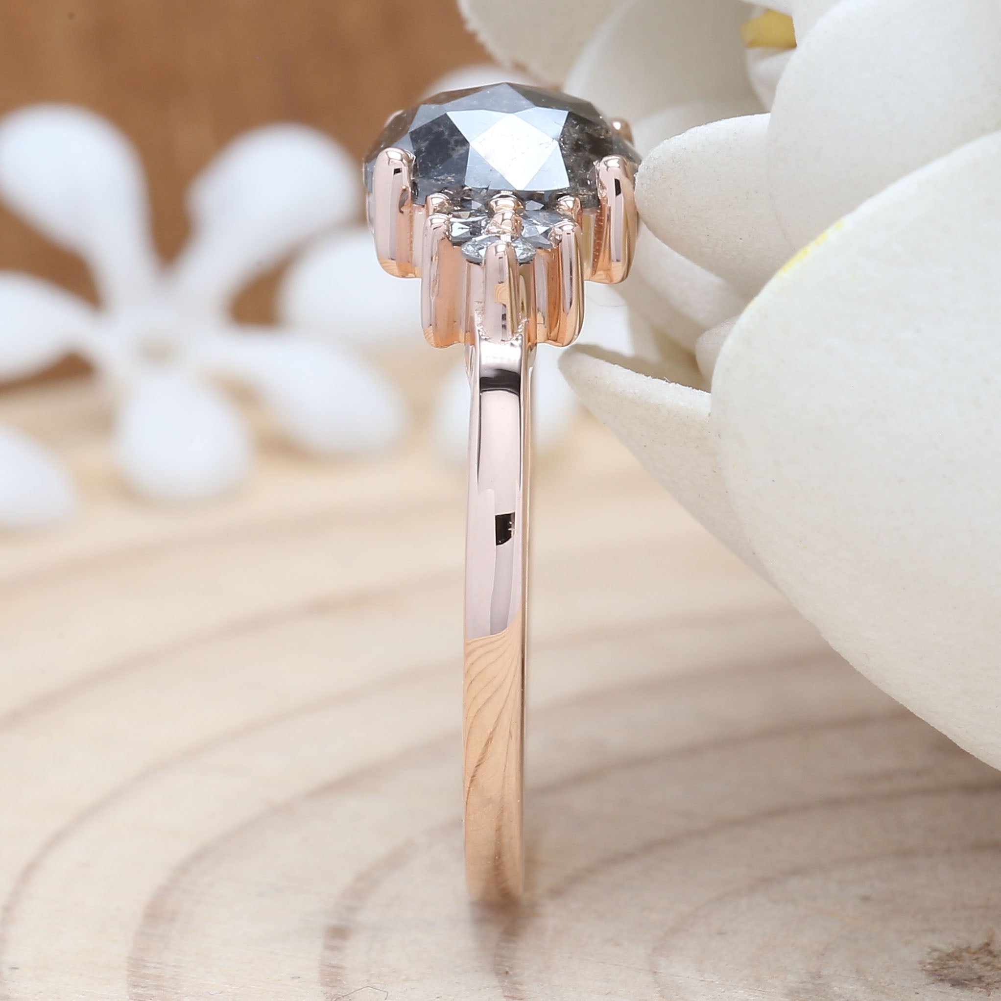 Oval Cut Salt And Pepper Diamond Ring 1.27 Ct 7.55 MM Oval Diamond Ring 14K Solid Rose Gold Silver Oval Engagement Ring Gift For Her QN9431