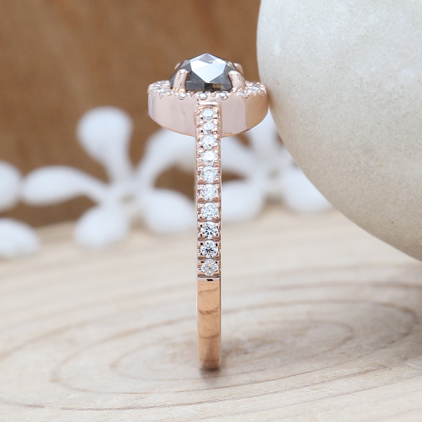 0.85 Ct Natural Cushion Cut Salt And Pepper Diamond Ring 5.35 MM Cushion Shape Diamond Ring 14K Solid Rose Gold Silver Engagement Ring QN709