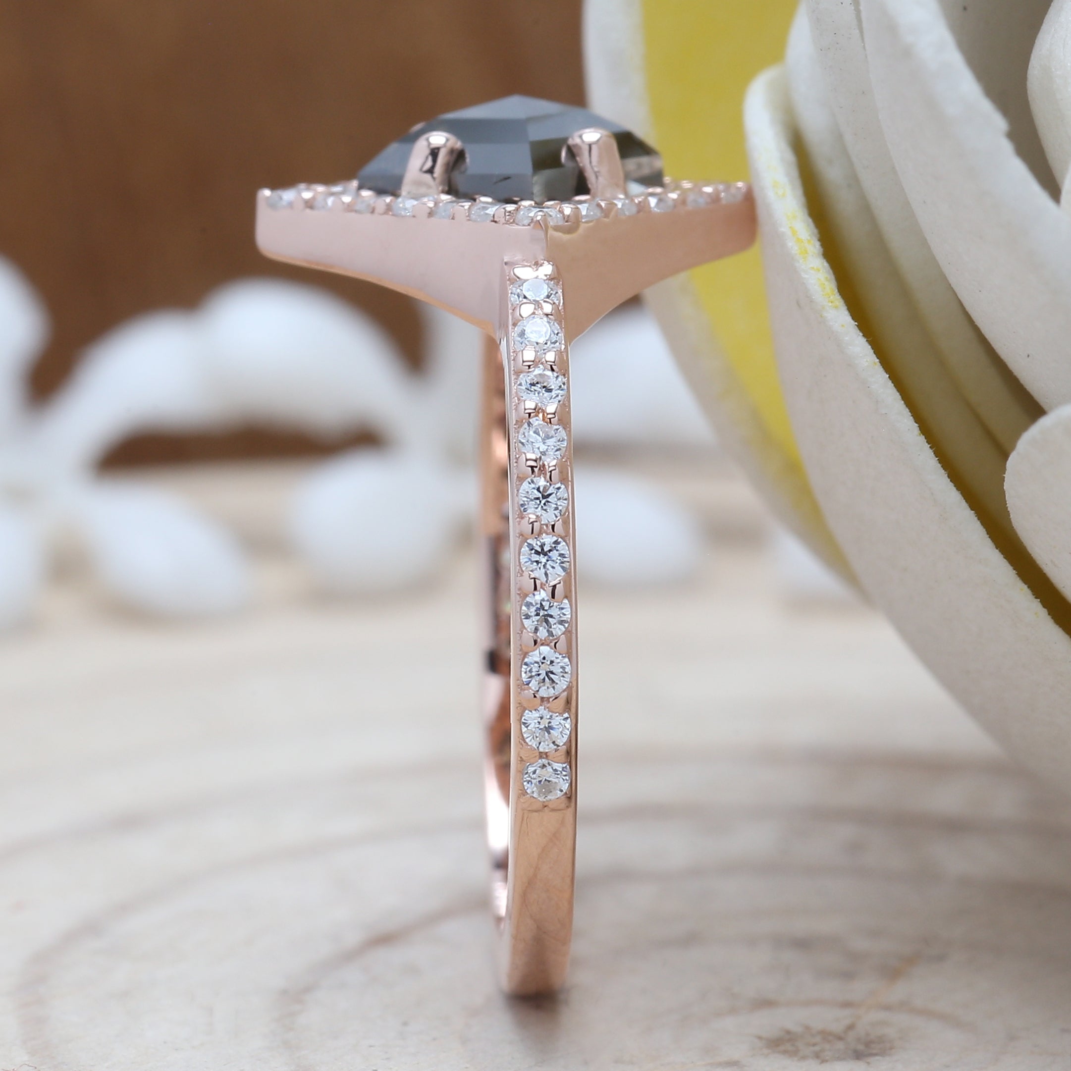 Kite Cut Salt And Pepper Diamond Ring 1.07 Ct 7.55 MM Kite Diamond Ring 14K Solid Rose Gold Silver Kite Engagement Ring Gift For Her QN9625